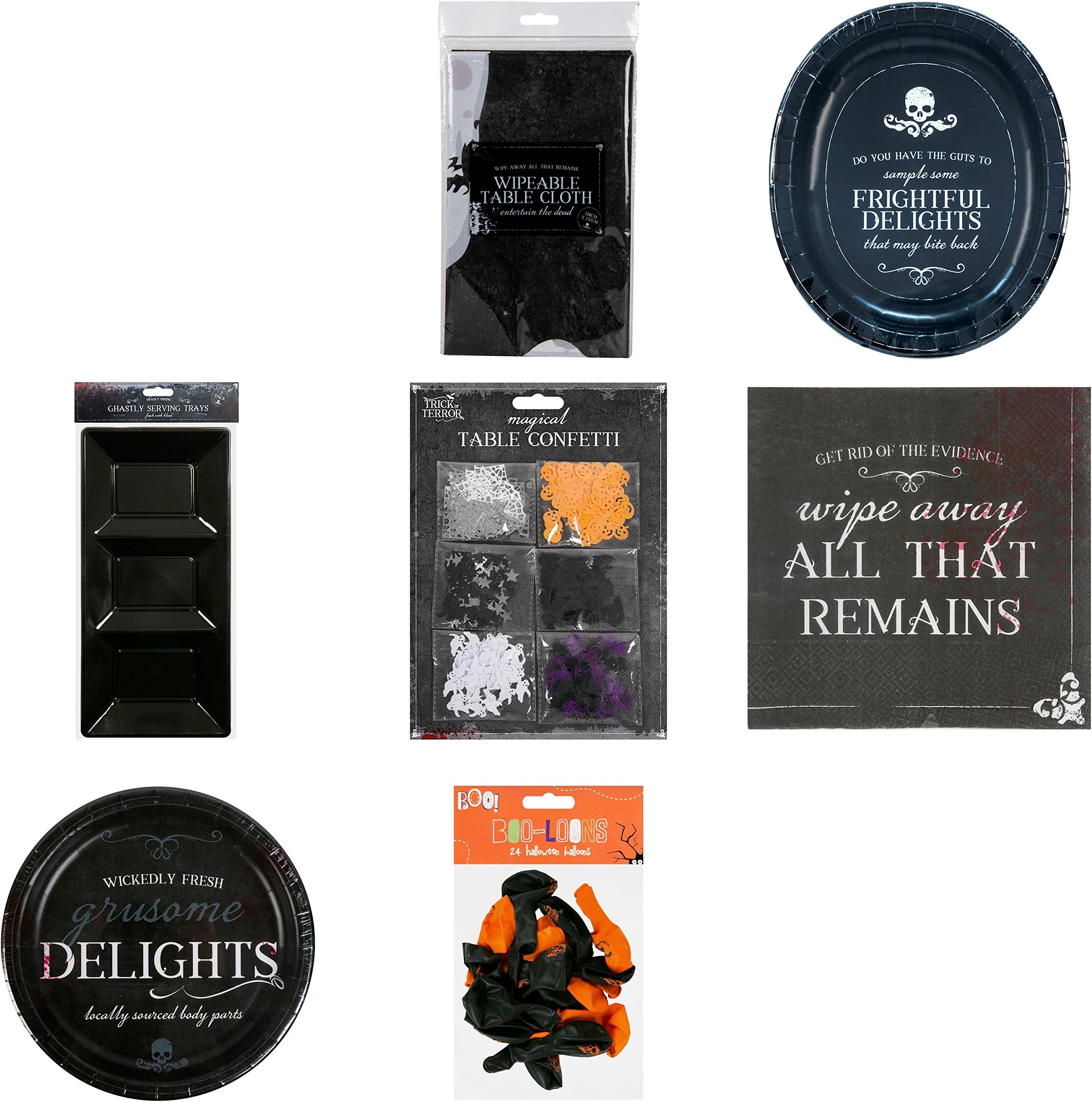 Halloween Tableware Party Supplies Set | Disposal Kit For 20 Guests Including Halloween Tablecloth | Paper Plates | Paper Napkins | Paper Platters | Serving Tray | Table Confetti | Balloons (Black)