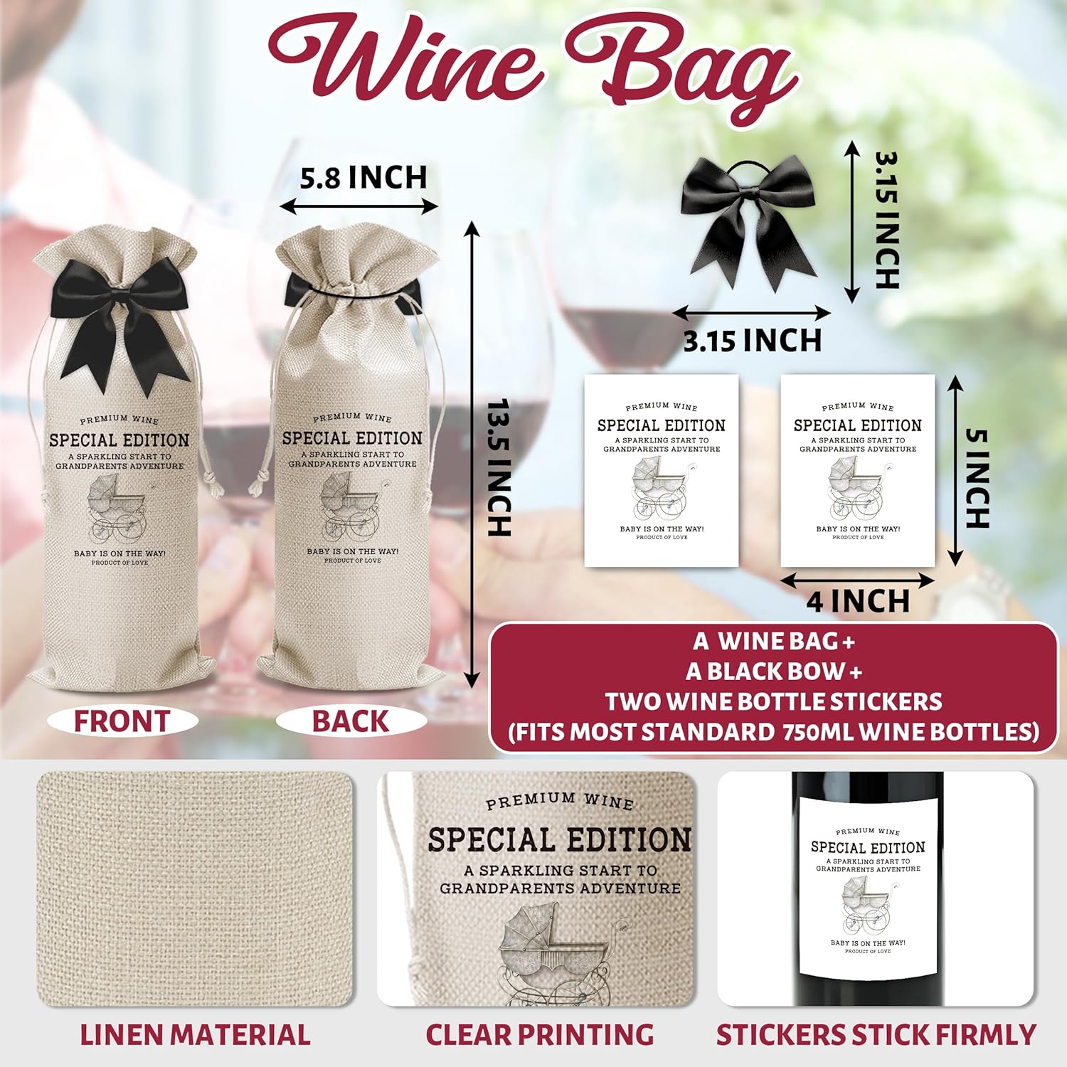 Cute Pregnancy Announcement Wine Bag, Grandparents Baby Announcement Ideas, New Grandparent Gifts, New Mom Dad Gifts for Pregnancy Reveal to Parents, Wine Bottle Gift Bags with Black Bow-B33 - Image 2