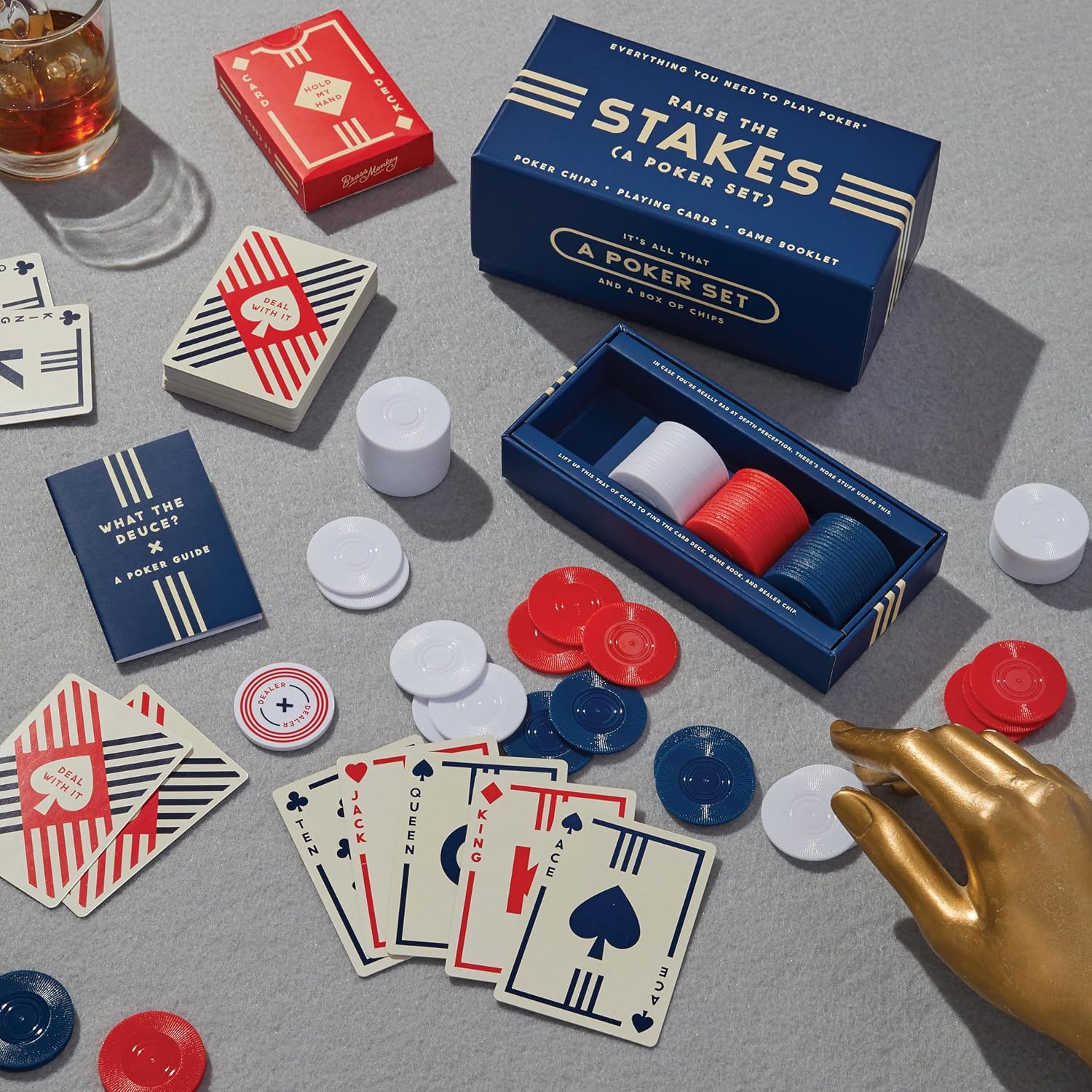Brass Monkey Raise The Stakes – Classic Poker Starter Game Set with 100 Poker Chips Dealer Marker and Designed Deck of Cards, Suitable for 2+ Players, Great for Beginners!