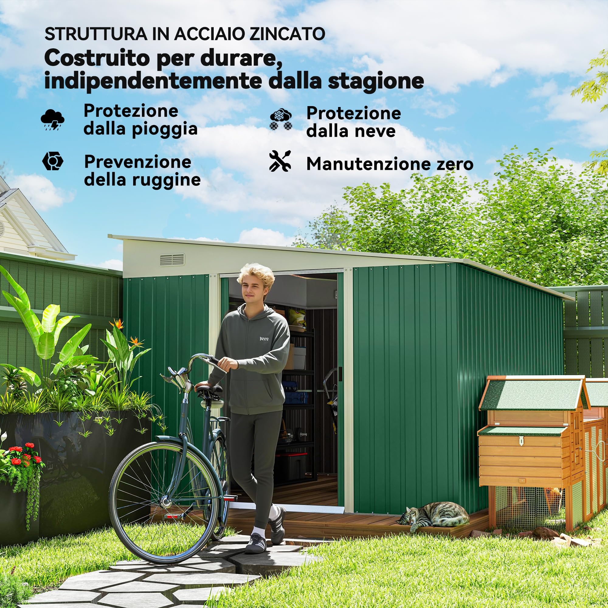 Outsunny Casetta da Giardino 8.9m² in Acciaio Zincato con 2 Prese d'Aria, Capanno Porta Attrezzi con Tetto Inclinato, Doppie Porte Scorrevoli Bloccabili e Guanti, 280x345x169/201cm, Verde