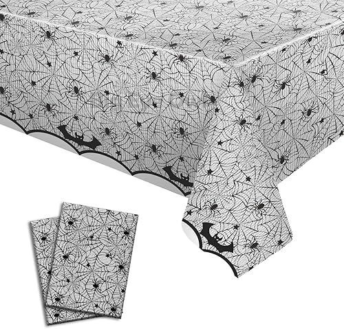 Miniatura 7 de 3 manteles de tela de araña de Halloween, de plástico, rectangular, desechable, color negro, con diseño de murciélago aterrador, para suministros de