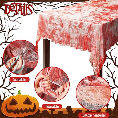 Miniatura 3 de 5 manteles rectangulares de gasa sangrienta de Halloween de 85 x 60 pulgadas, mantel rectangular con estampado de manos sangrientas, mantel de
