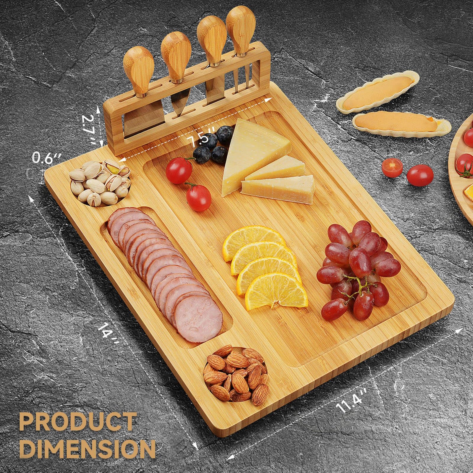 Juego de tablas para charcutería, tabla de queso, tabla de queso grande de bambú y juego de cuchillos, tabla de cortar, bandeja de queso para Navidad, boda, regalos de inauguración de la casa