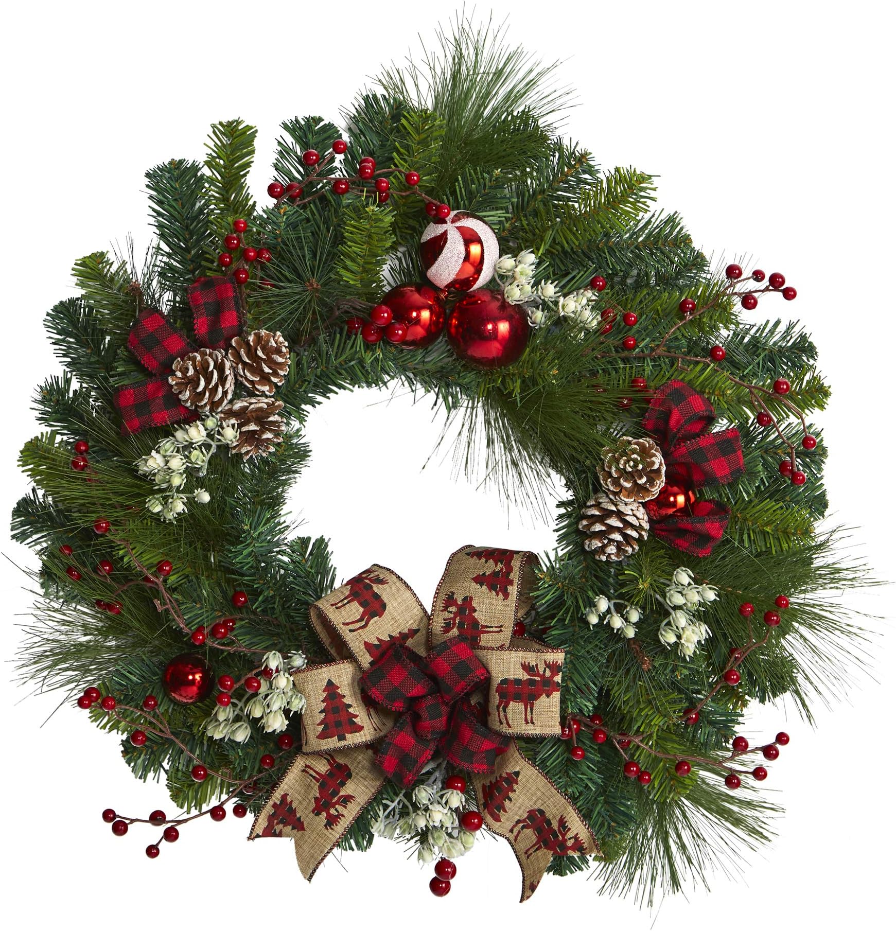 24in. Christmas Pine Artificial Wreath with Pine Cones and Ornaments