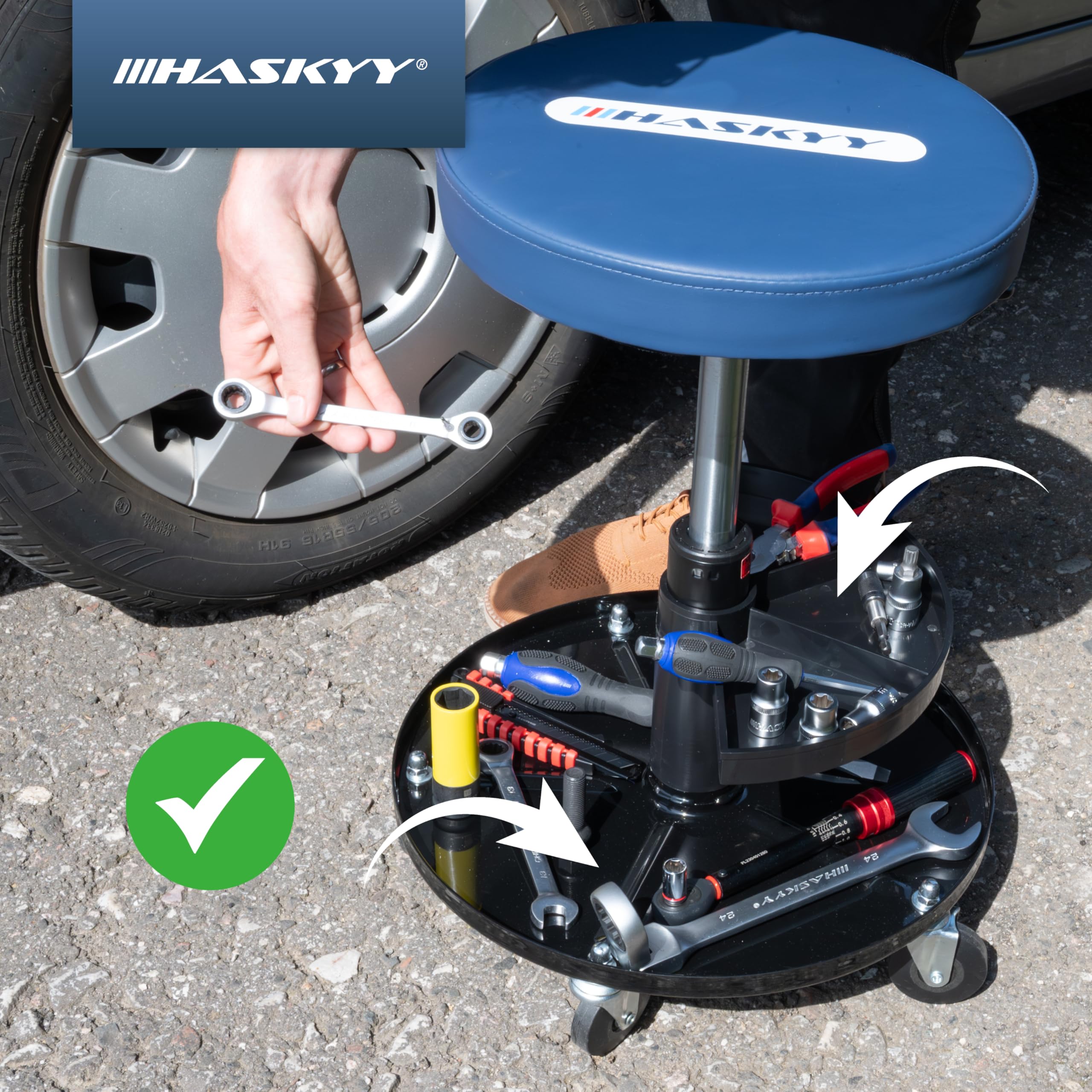HASKYY Taburete de taller, silla de trabajo, con 5 ruedas, 2 estantes, 410-540 mm, altura regulable, color azul