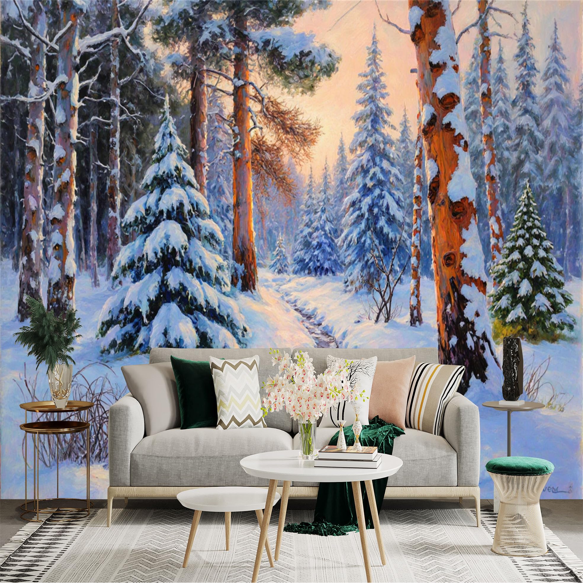Custom Size Wall Sticker Mural， Winter Forest with Snowy Pines and Sunset Path， for wall Decoration， peelandstick wall Decals.