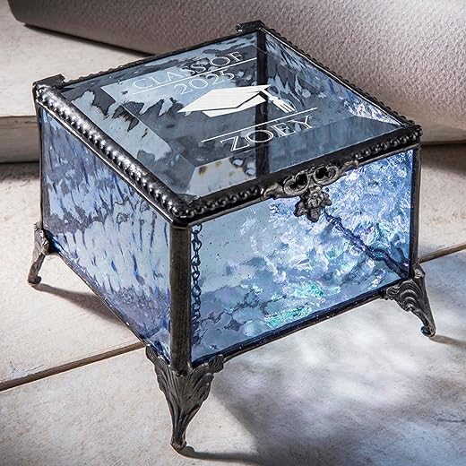 Personalized Graduation Gift For Her Glass Jewelry Box High School Graduate Or College Grad Class Of 2023 J Devlin Box EB240 (Blue)