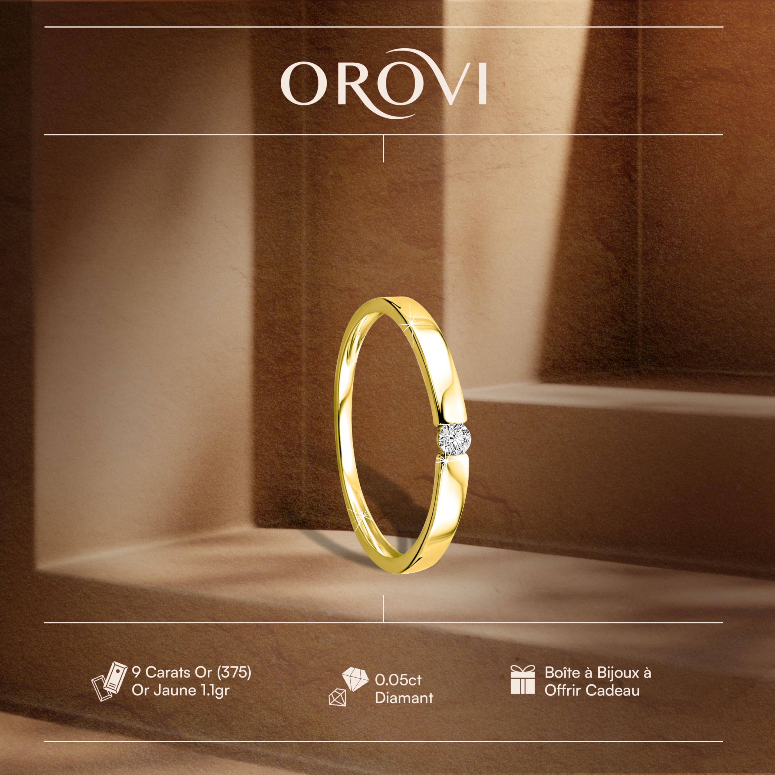 Orovi Bague Femme, Bague de Fiançailles en Or Blanc ou en Or Jaune Bague Solitaire avec Diamants 0.05crt 9 Carat / 375 Or Bijoux Bague
