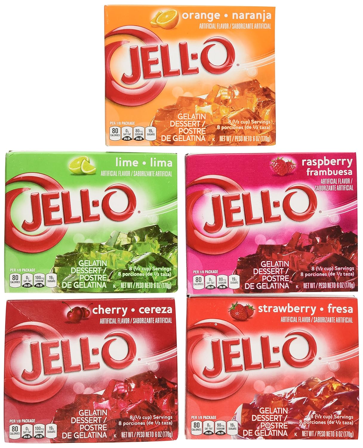 Jell-O Variety Pack Orange Cherry Lime Strawberry Raspberry 6 oz 5-Pack