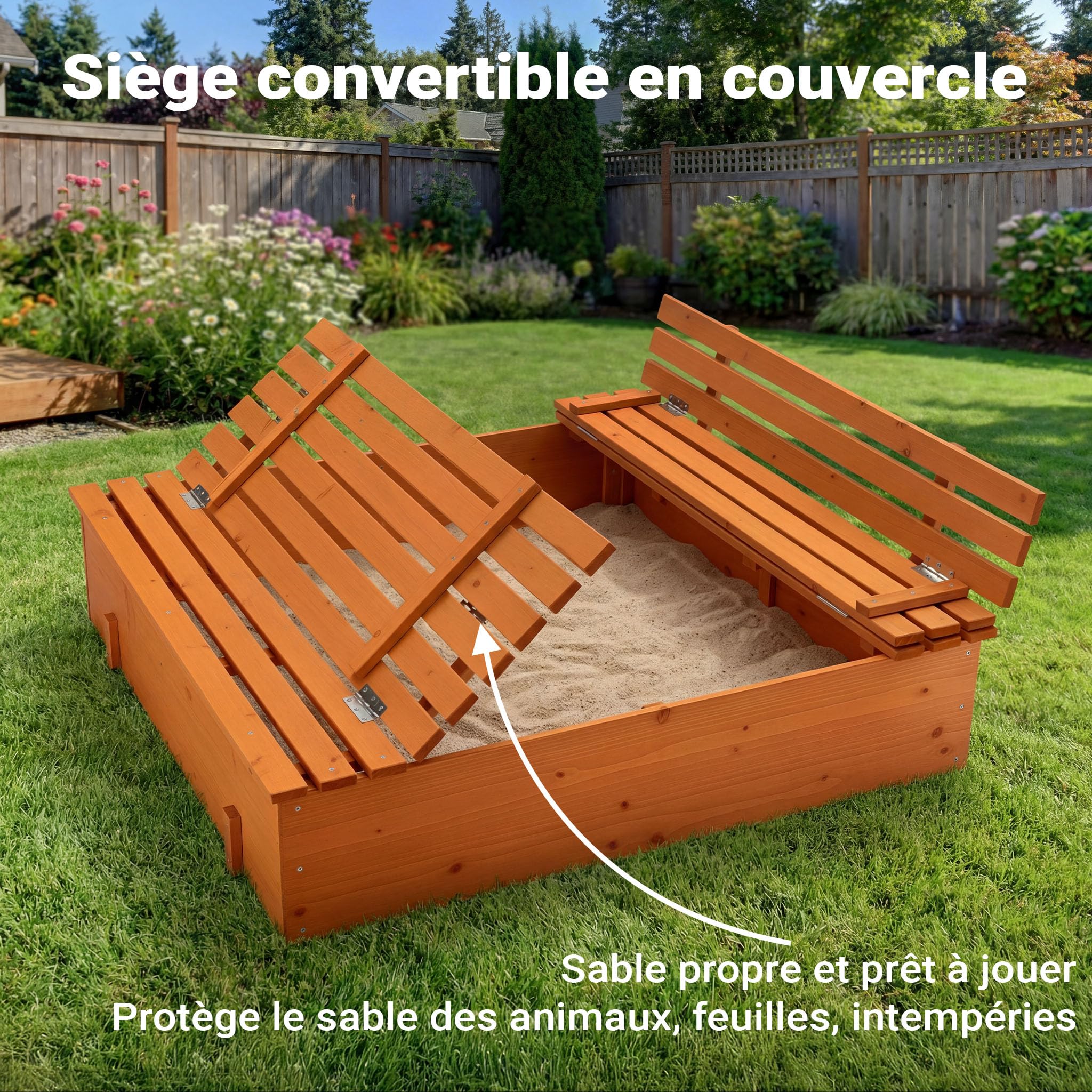 Wiltec Bac à Sable – 98 x 98 x 21 cm – en Bois d’épicéa – avec Couvercle Repliable, 2 Bancs intégrés, Sol Non-tissé – Jeux extérieur Enfants