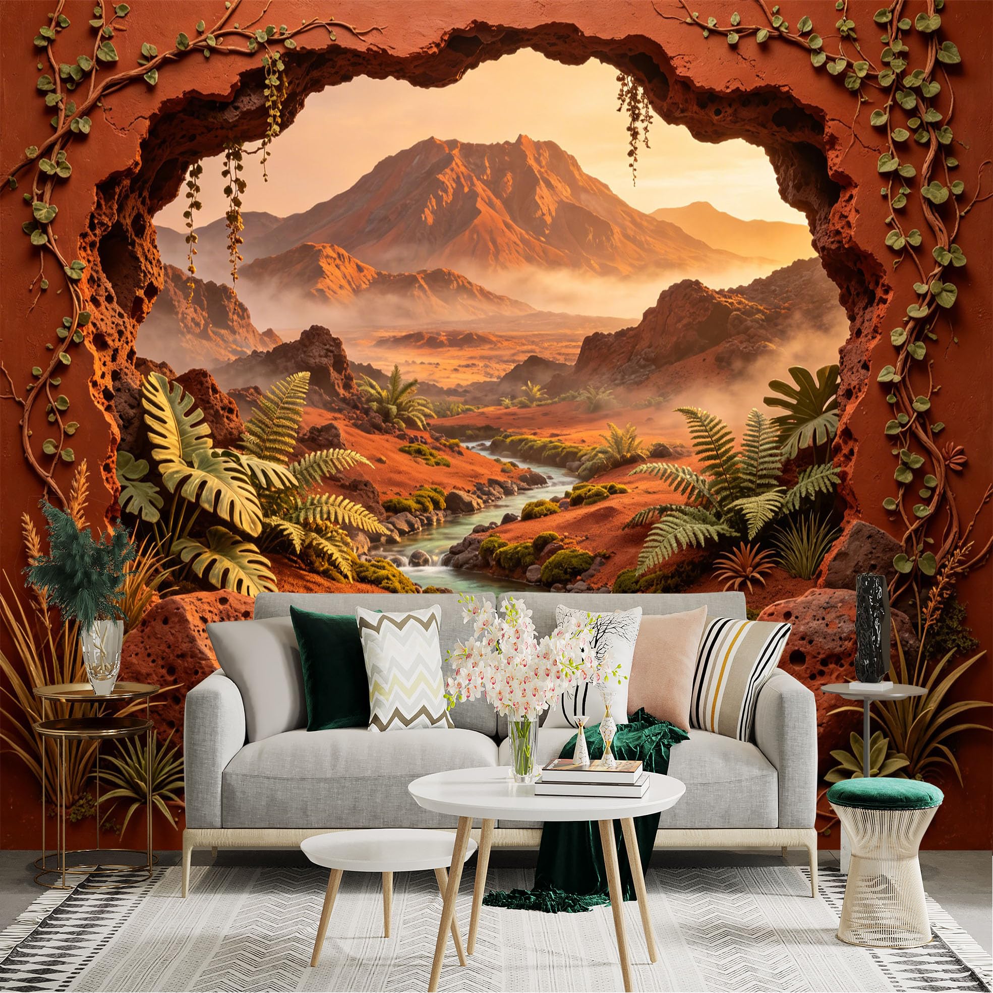Custom Size Wall Sticker Mural， Desert Landscape with Mountain， River and Green Ferns， for wall Decoration， peelandstick wall Decals.