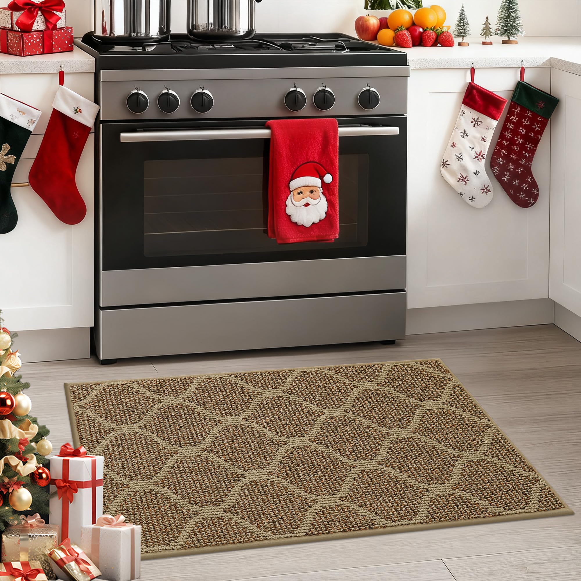 COSY HOMEER Küchenläufer rutschfest, 50 x 80 cm Küchenteppich, Teppich Küche Waschbar Läufer Maschinenwaschbar für Flur, Küche, Waschküche, Eingang, Beigebraun