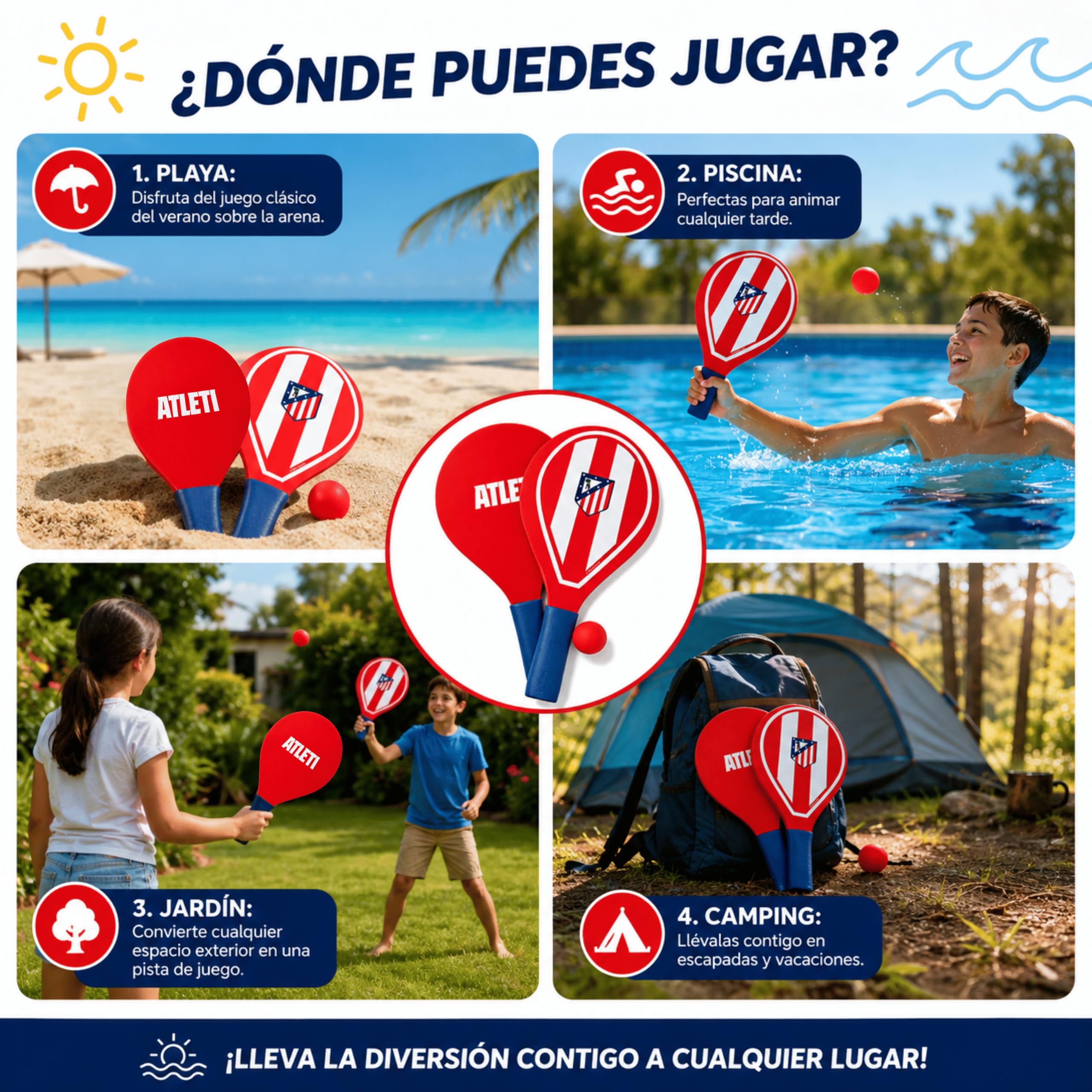 Palas de Playa Atlético de Madrid con Pelota Incluida | Set de 2 Raquetas de Playa de Plástico | Juego de Palas para Niños y Adultos | Ideal para Playa, Piscina, Jardín y Vacaciones