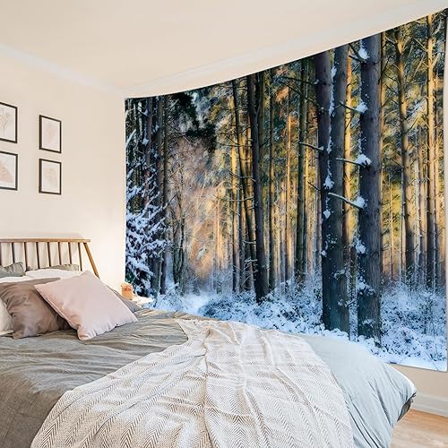 Miniatura 10 de LB Tapiz de bosque de invierno, árbol de pino marrón y verde de Navidad con copo de nieve, tapiz de pared para dormitorio, escena de nieve de