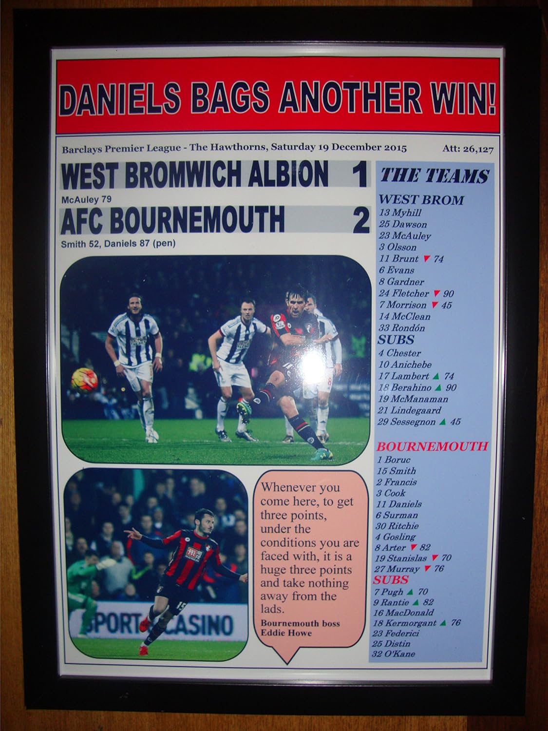 West Bromwich Albion 1 AFC Bournemouth 2 - 2015 - framed print
