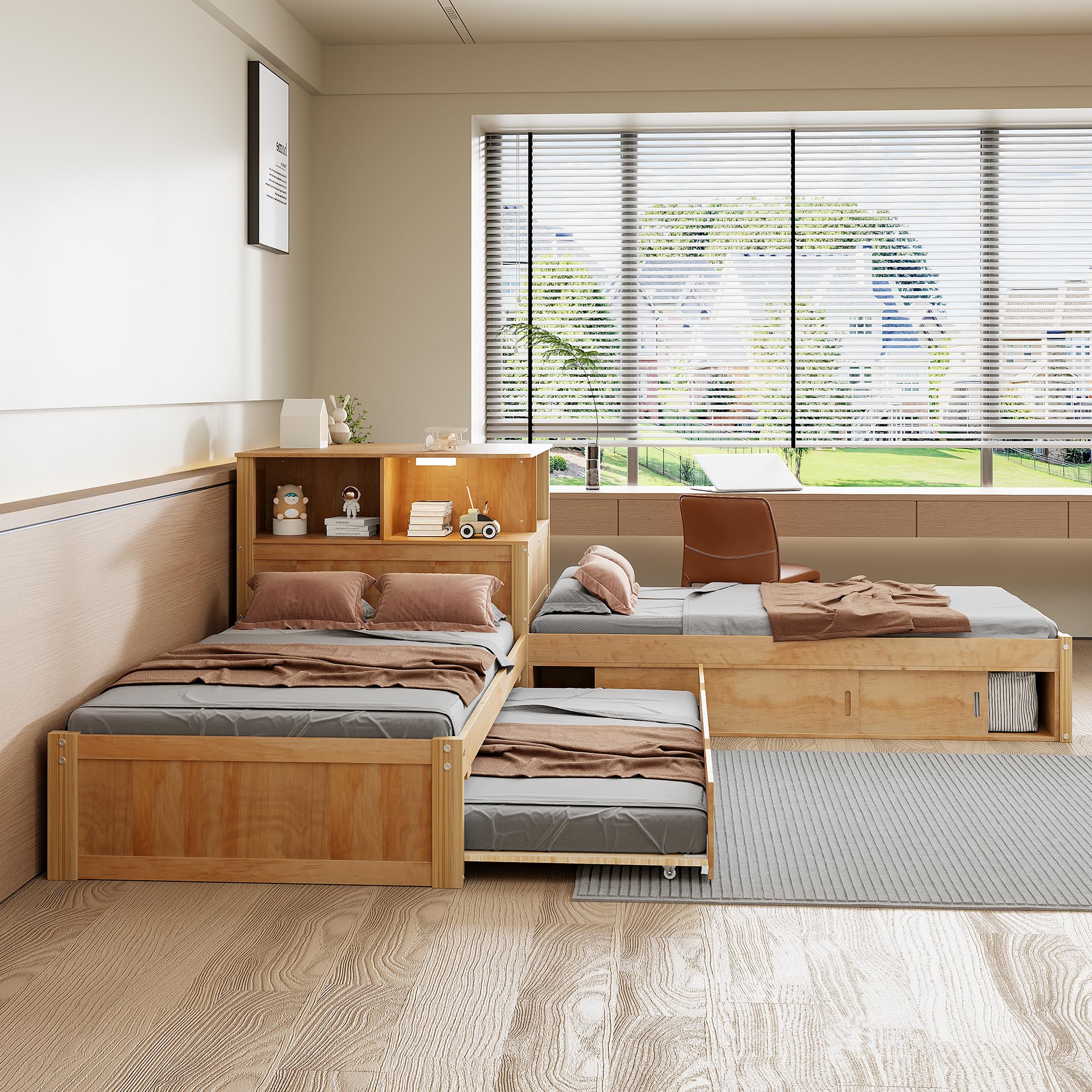 incomplete: harper & bright designs twin size l-shaped platform bed with storage cabinets,desk,trundle and led light,natural