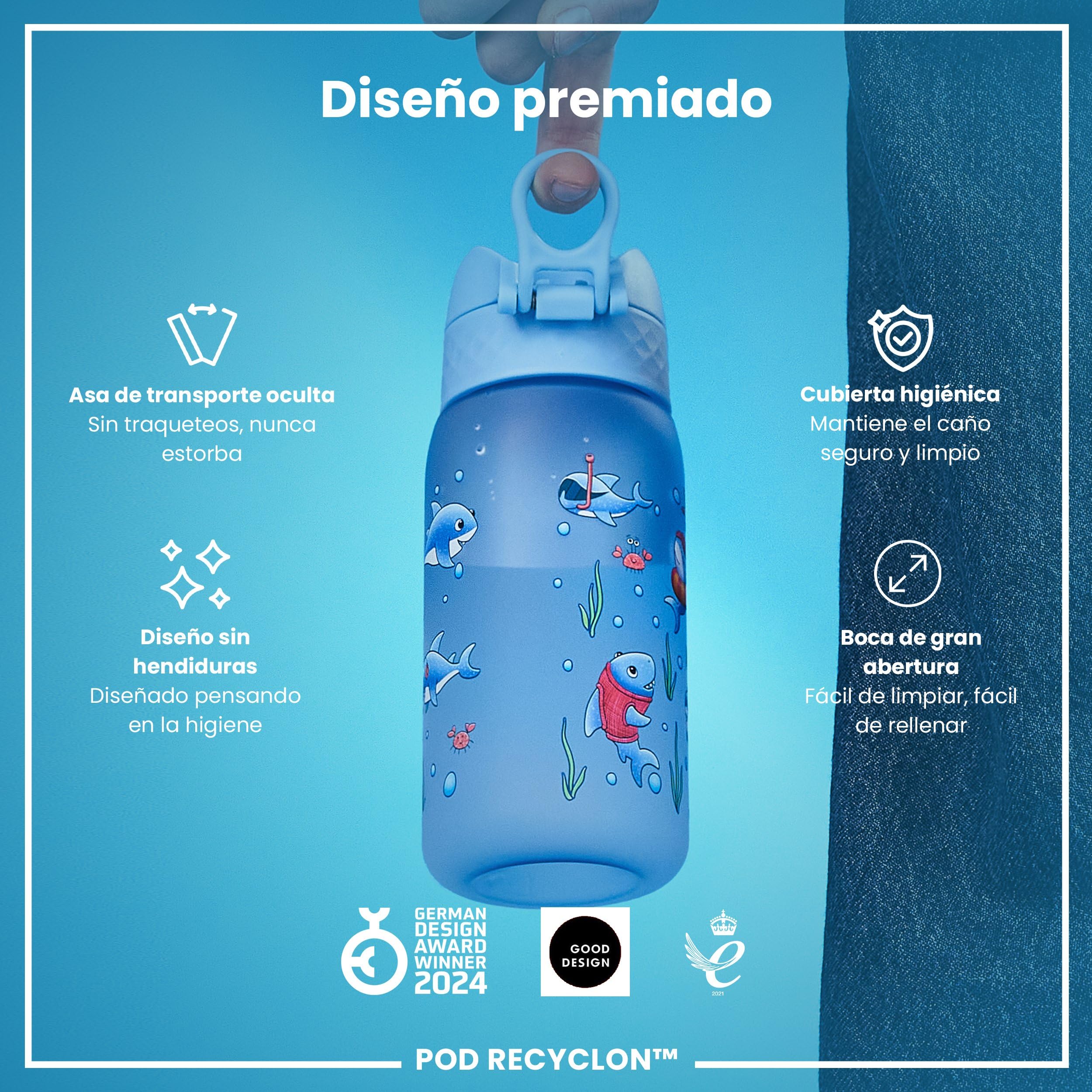 ION8 Botella de Agua para Niños, 350ml, a Prueba de Fugas, Fácil de Abrir, Cerradura Segura, Apta para Lavavajillas, Sin BPA, Asa de Transporte, Fácil de Limpiar, Neutro en Carbono, Tiburones