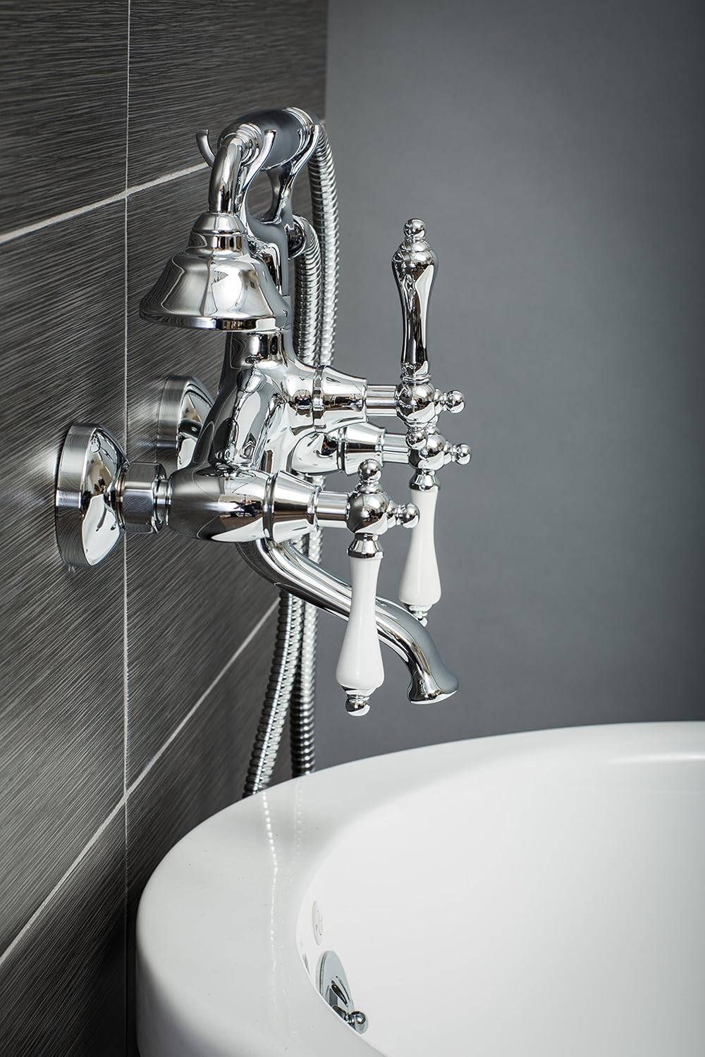 Black Friday Sale 2022 Luxury Clawfoot Tub or Freestanding Tub Filler Faucet, Vintage Design with Telephone Style Hand Shower, Wall Mount Installation, Porcelain Handles, Polished Chrome Finish