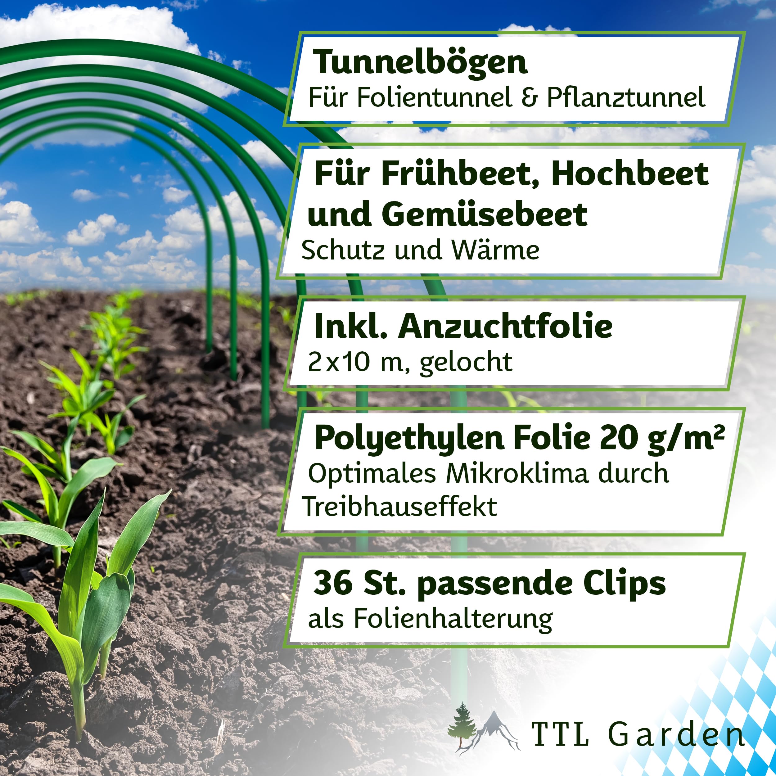 TTL GARDEN 12x 60x65cm Tunnelbögen ARCOS Classic 60 Set + PE-Folie 10x2m + 36 Clips - 12er Set Folientunnelbögen 60cm breit 65cm Stahl beschichtet Rund Bogen Abdeckung Frühbeet Hochbeet stabil