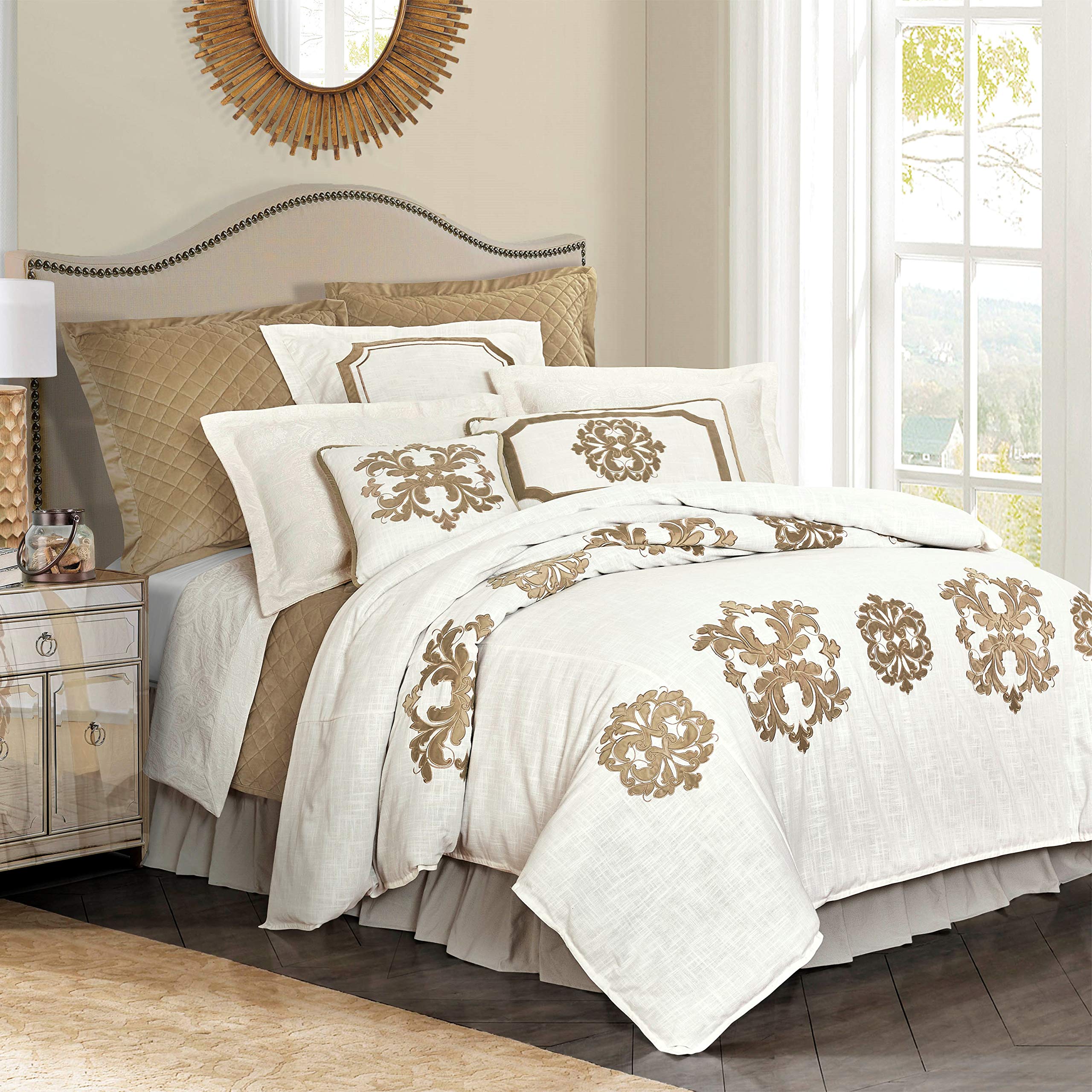 HiEnd Accents Madison Super Queen Duvet Cover, Oatmeal Medallion Applique Bedding, Classic Casual Comforter Cover