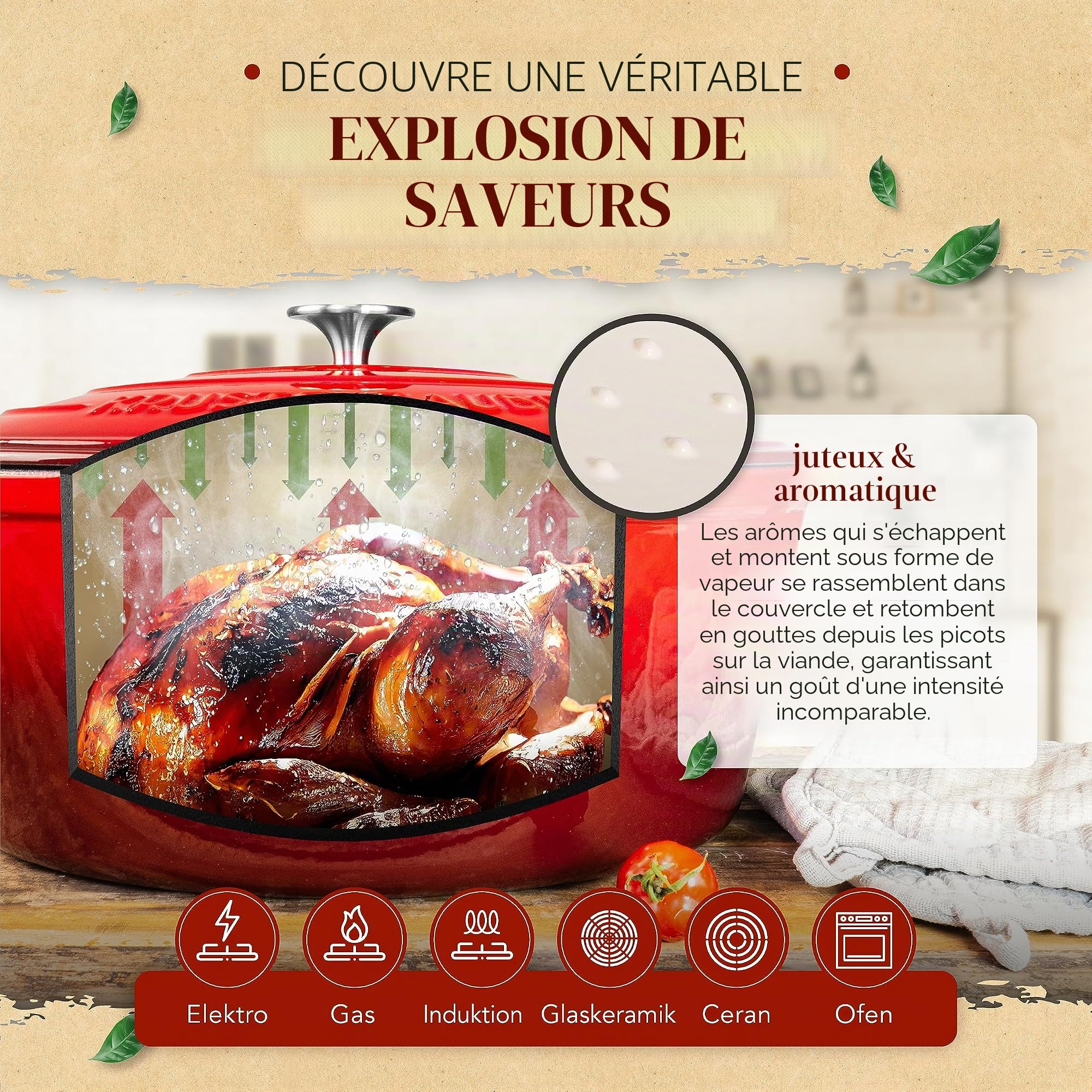 KRUSTENZAUBER Cocotte en fonte de 37,5 cm avec couvercle - Passe au four avec fourchette à viande - Grand environ Cocotte idéale XXL - Cocotte en fonte Kazan - Induction ovale
