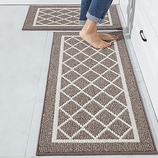 BEQHAUSE-Kitchen-Rugs-Non-Slip-Kitchen-Mats-for-Floor Machine Washable Kitchen Rugs 2 Pieces Brown Kitchen Runner Carpet with TPR Backing, Rolled Packaging, 50X76cm+50X122cm