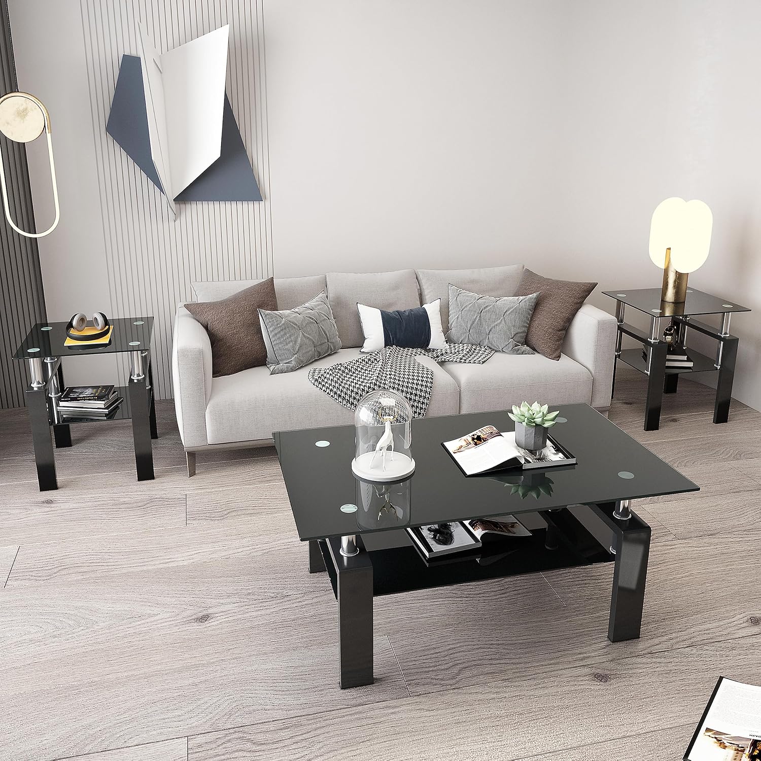 OFCASA 2 Drawers Coffee Table For Living Room High Gloss Coffee Table With Black Glass Top Wood Storage Cabinet Table For Living Room Home Office, Black