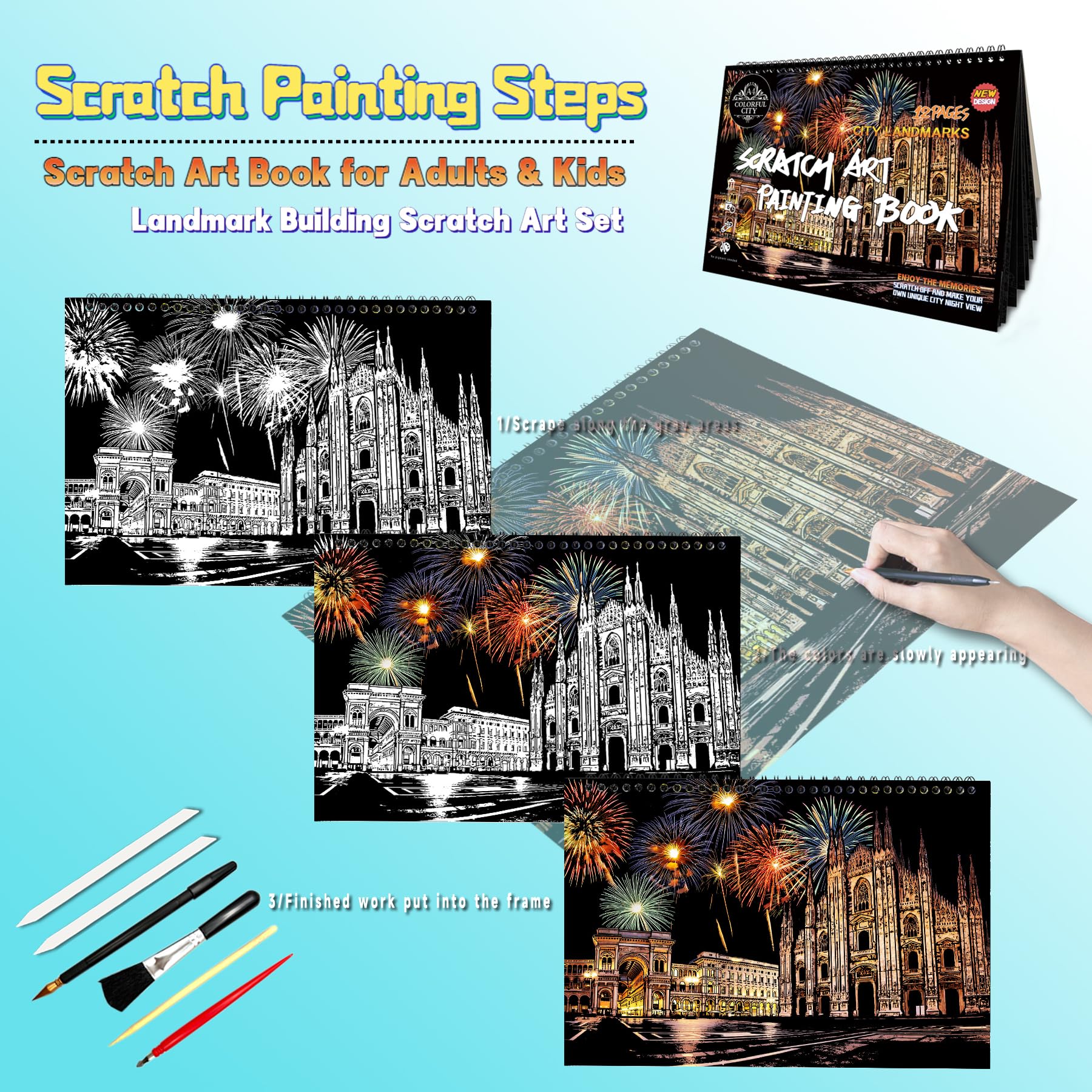 SiYear Scratch Art Painting Paper Set for Adults,Landmark Building City Series Night Scene,Scratchboard Creative Gift DIY Foil Engraving Crafts with 4 Tools (A4-12Pack) - Image 2