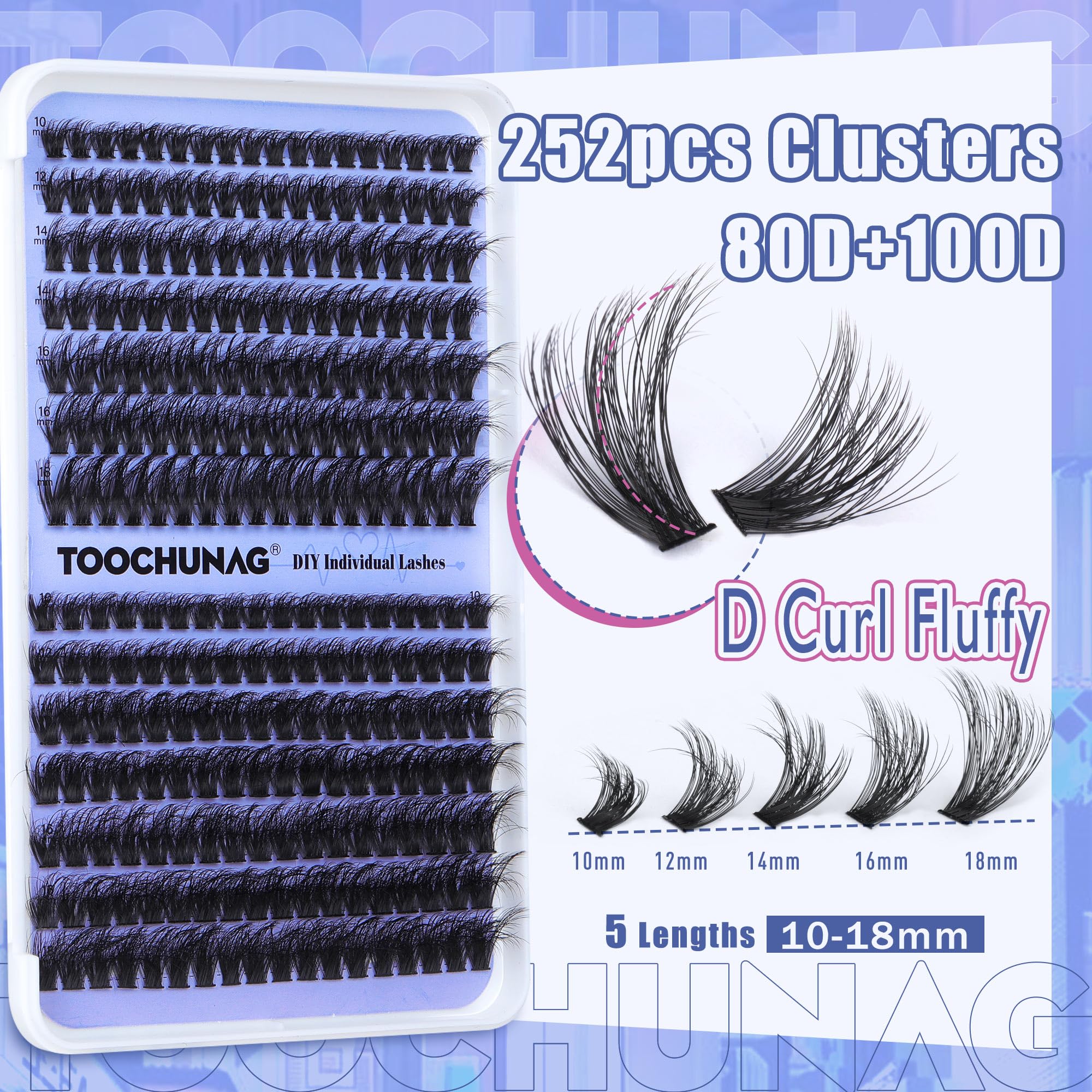 Fluffy Cluster Lashes 80D+100D Thick Individual Eyelashes Extensions 10-18mm DIY Lash Extension D Curl Wispy Lashes Individual Cluster 252pcs Eyelash Clusters by TOOCHUNAG - Image 2