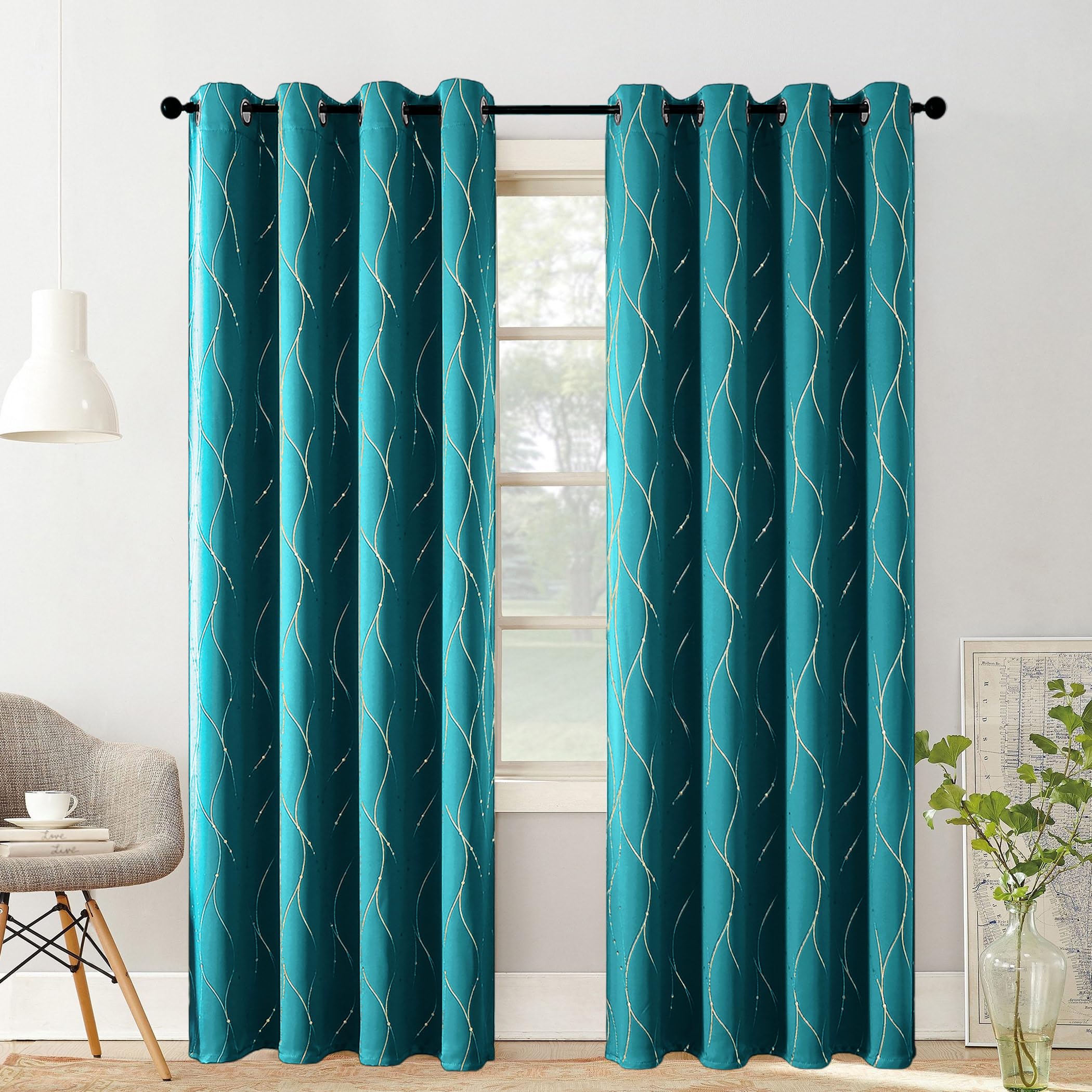 BUHUA Blackout Curtains Gold Foil Print Wave Line and Dots Grommet Drapes, Room Darkening Thermal Insulated Curtains, Noise Reducing Curtain for Bedroom, Teal Blue, 52Wx63L, 2 Panels — image 1
