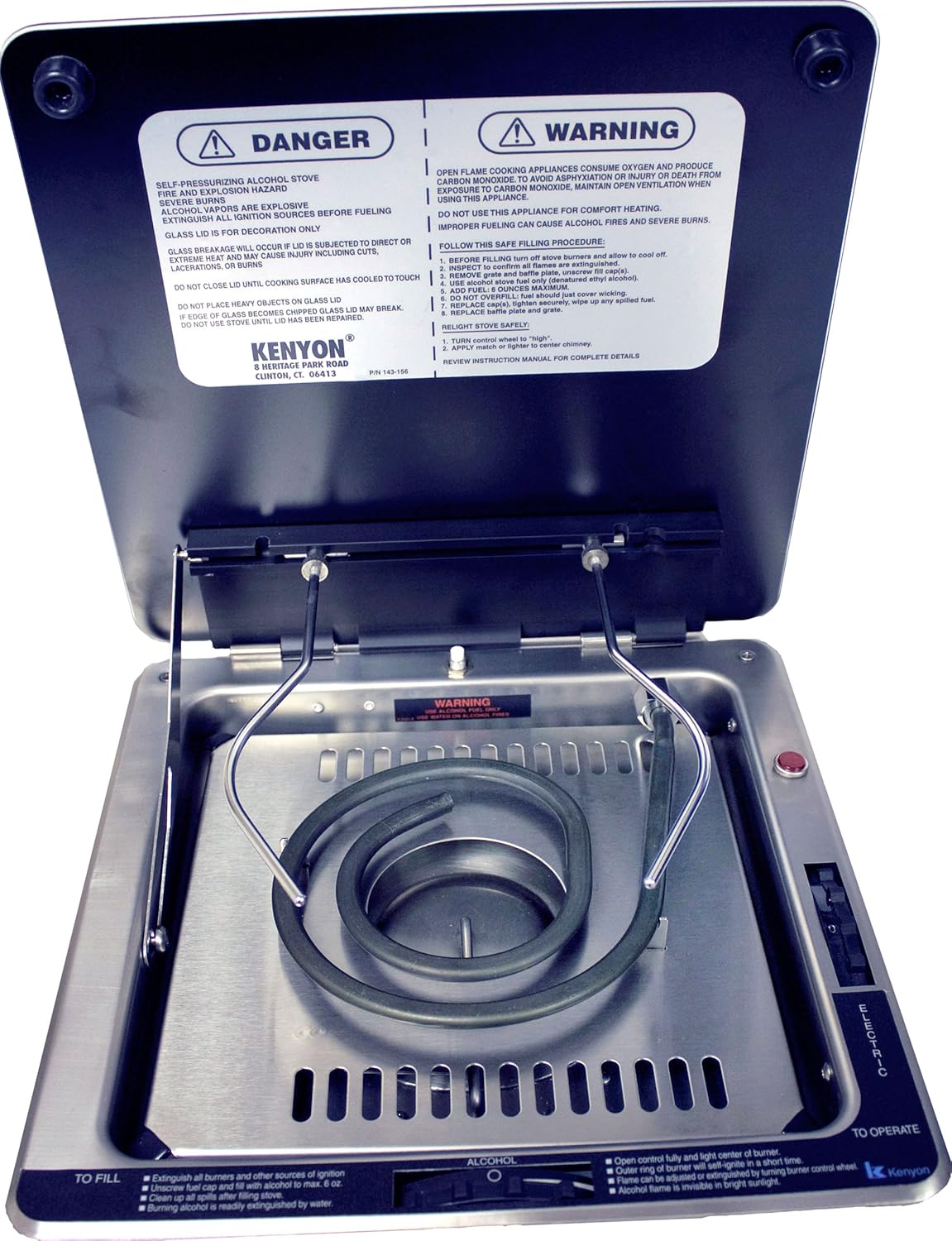 Kenyon B61145 Alcohol/Electric 1-Burner with Electric Elements and Integrated Pot Retention, 240-volt