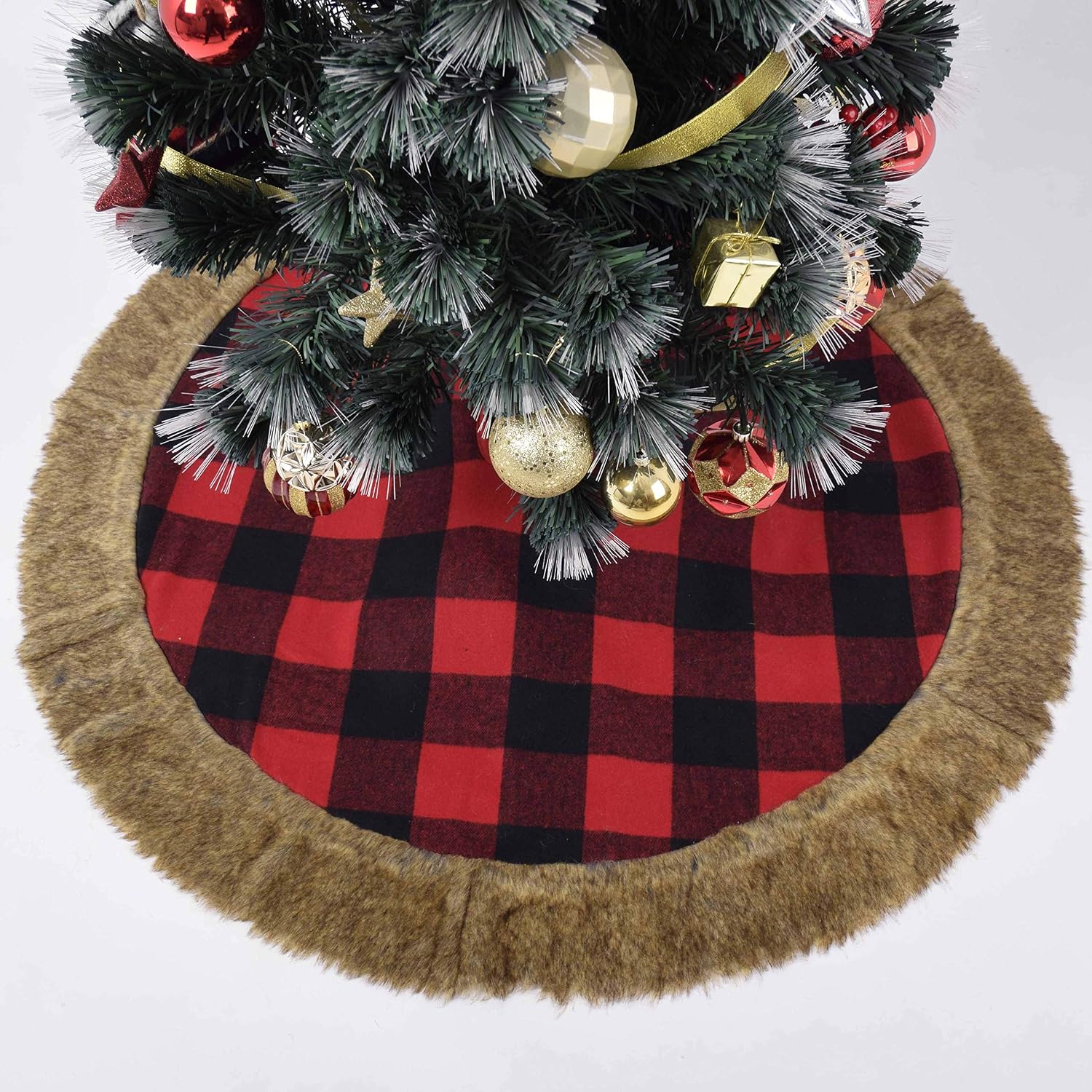 Red and Black Buffalo Check Plaid Center,Yarn-Dyed Style with Luxury Faux Fur Border Christmas Tree Skirt-36inch