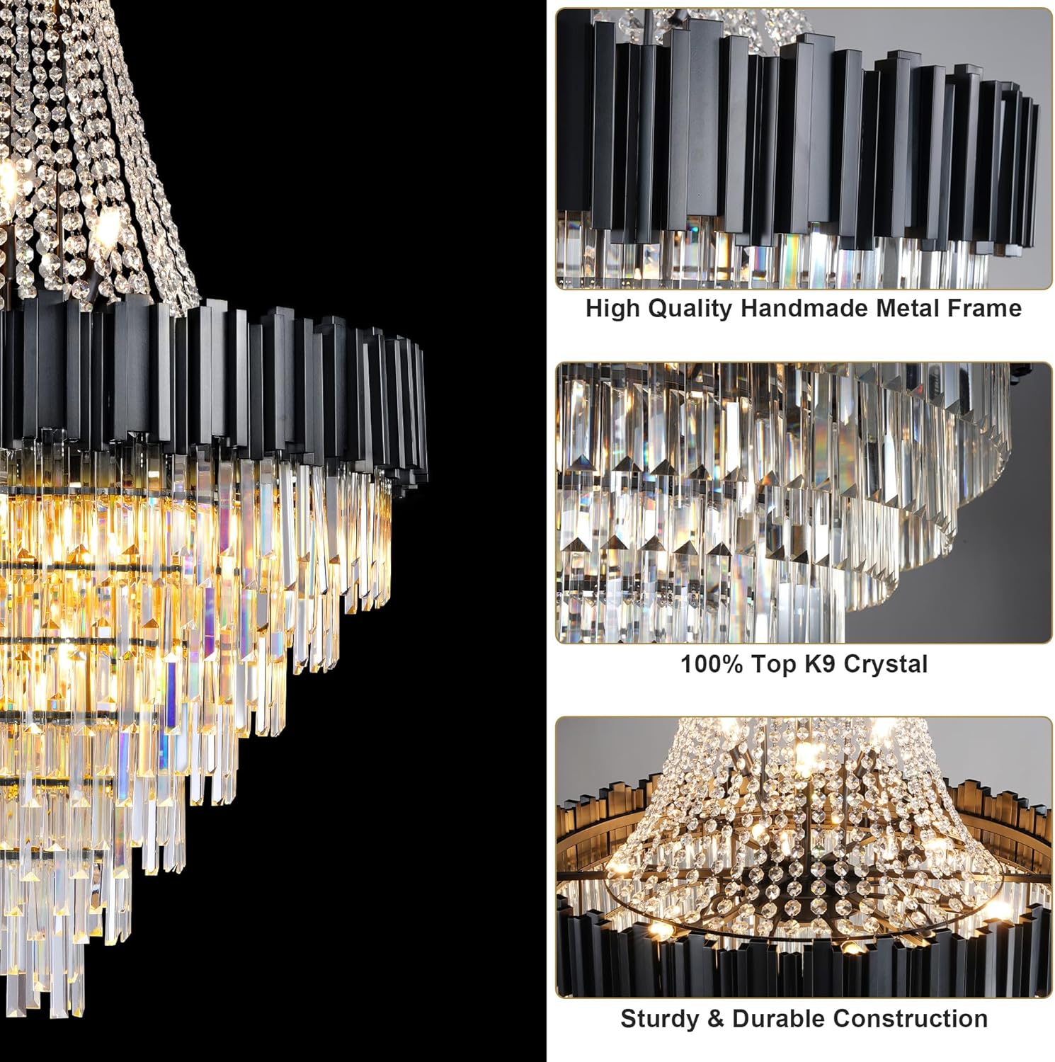 54" Black High Ceiling Chandelier, 21-Light Modern Crystal Large Chandeliers for High Ceilings, Staircase, Foyer, Entryway, Living Room, Luxury K9 Crystal Tiered Chandelier Light Fixture