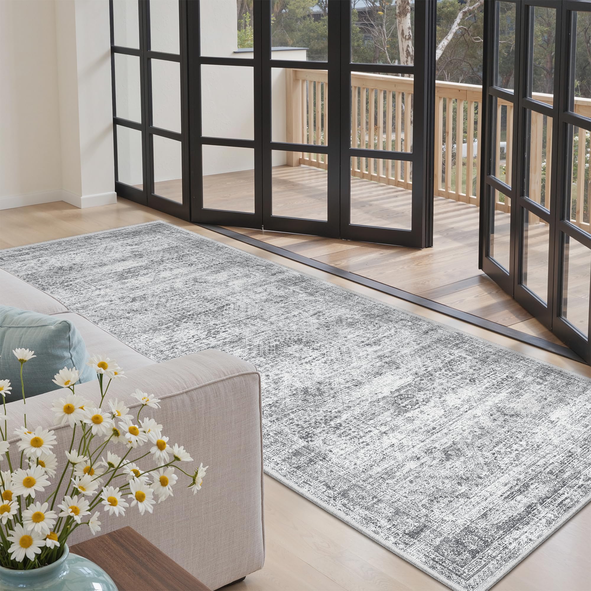 Soalmost Washable Kitchen Runner Rug 3x6 Hallway Entry Rugs Non-Slip, Grey | Vintage Runners 6ft for Bathroom Laundry Room, Foldable Low-Pile Floor Carpet Mat for Entryway Corridor Bedroom Grey 3' x 6' (Runner)