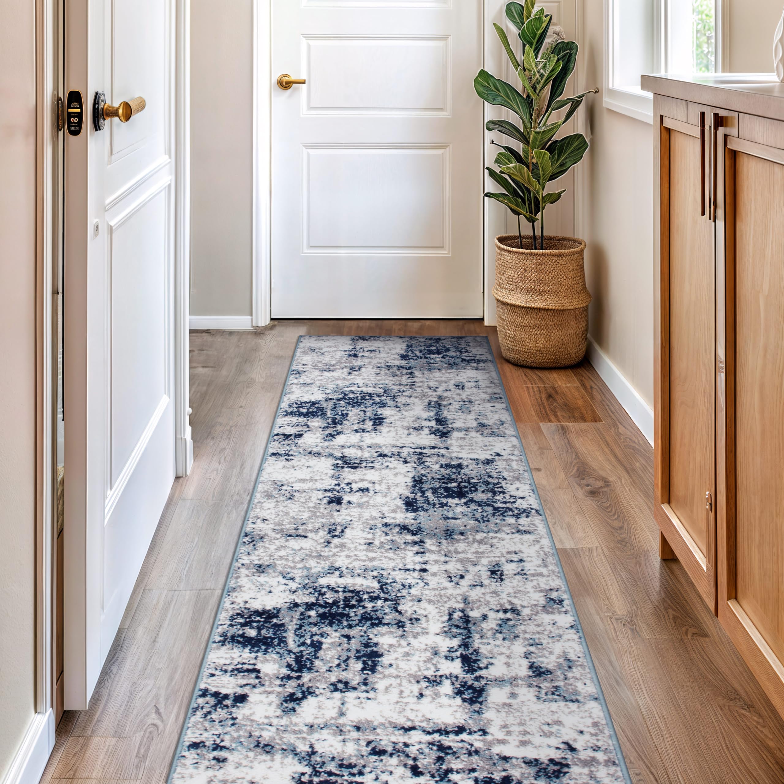 Rugshop Modern Distressed Blue Abstract Runner Rug Bohemian Inspired for Hallway, Entryway and Laundry Room 2'7" x 6'