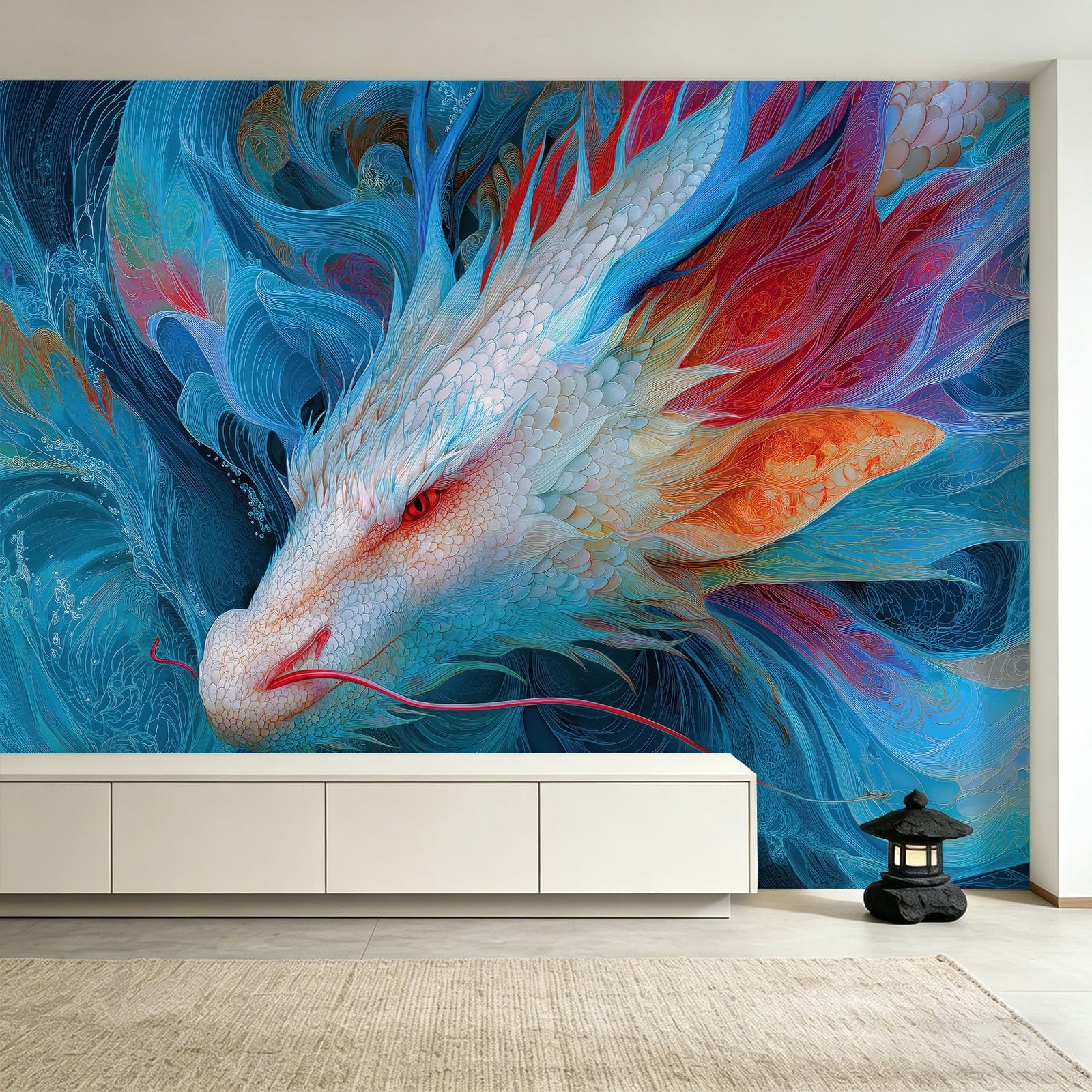 Générique Carta da parati panoramica in tessuto non tessuto drago bianco onde oceano 300 x 210 cm, astratta pittura a olio fantastica, dipinti da parete, carta da parati murale per soggiorno, camera