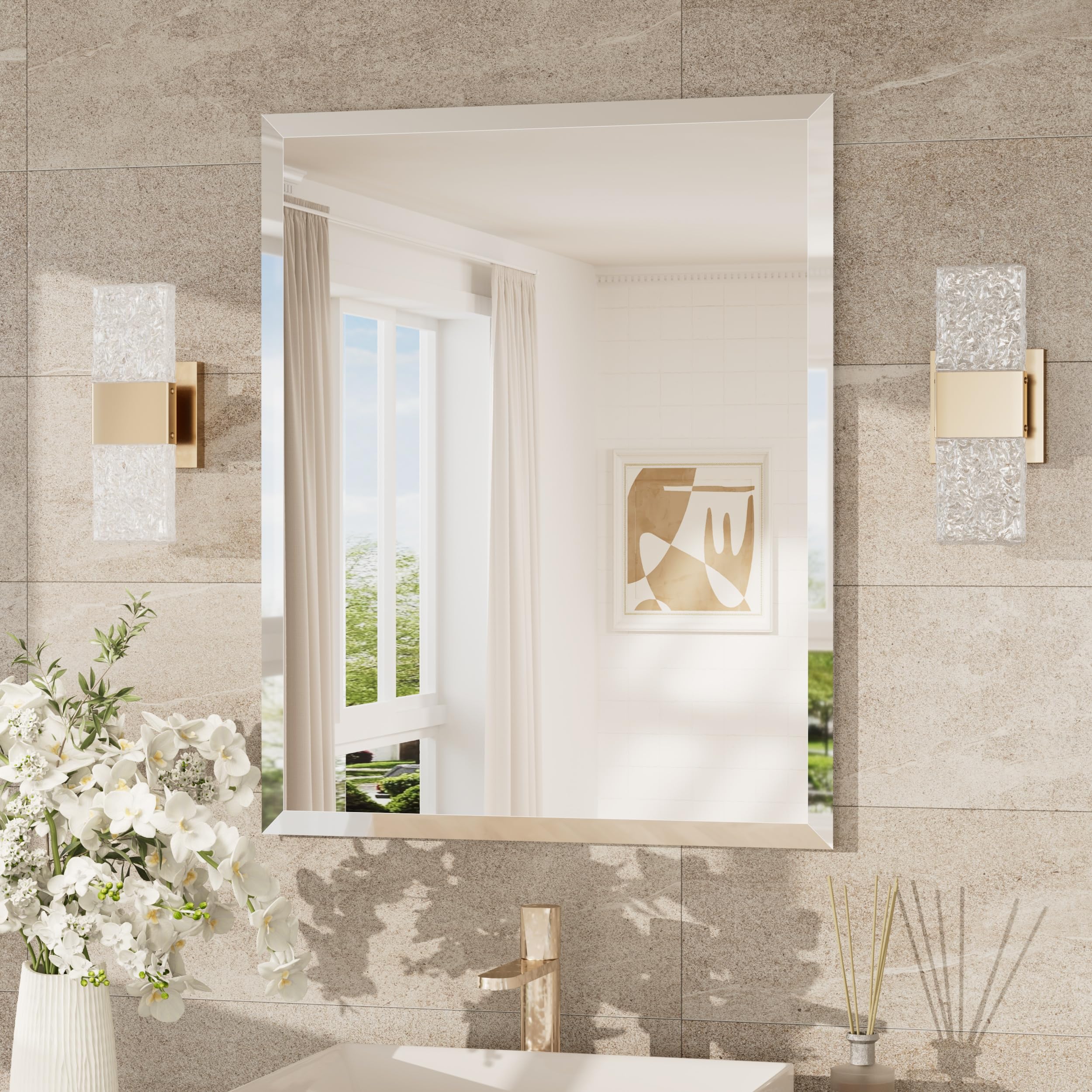 Keonjinn Frameless Bathroom Mirror 60x75cm, Wall Mounted Mirror With Bevelled Edge Design, Rectangular Vanity Mirror for Bathroom, Hallway, Living Room — image 1