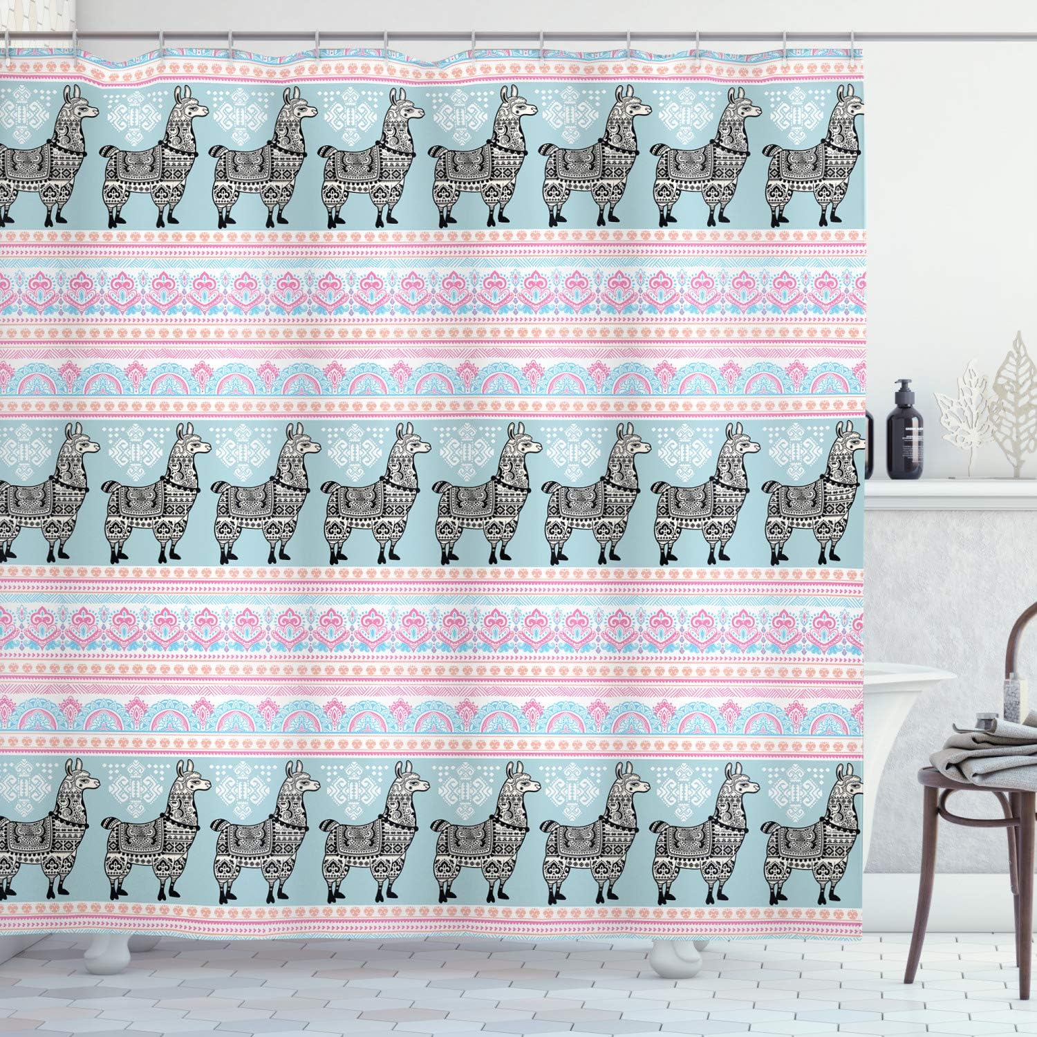Ambesonne Llama Shower Curtain, Horizontal Borders Patterned Alpaca Animal and Folkloric Ornaments, Cloth Fabric Bathroom Decor Set with Hooks, 69" W x 70" L, Blue Pink Salmon