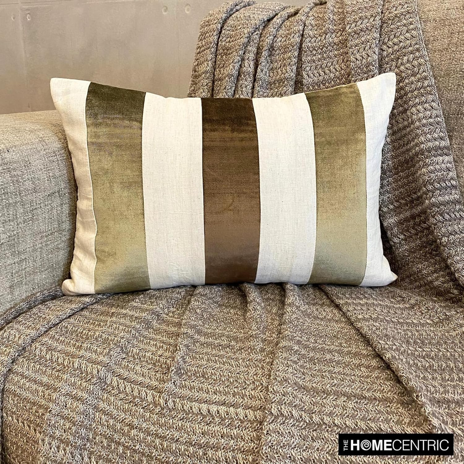 The HomeCentric Decorative Lumbar Pillow Cover Brown 12"x14" (30x35 cm) Velvet Patchwork, Velvet, Striped Oblong Pillow Cover for Sofa, Couch, Bed, Patio and Outdoor, Patchwork Modern - Swathe Earthy