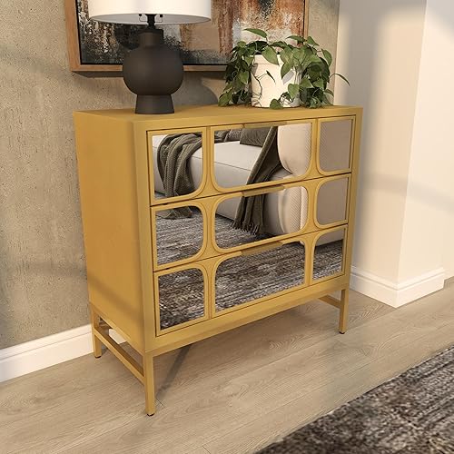 Miniatura 7 de Deco 79 Armario de madera para habitación con 3 cajones con parte delantera espejada, gabinete decorativo de 32 x 16 x 32 pulgadas, dorado