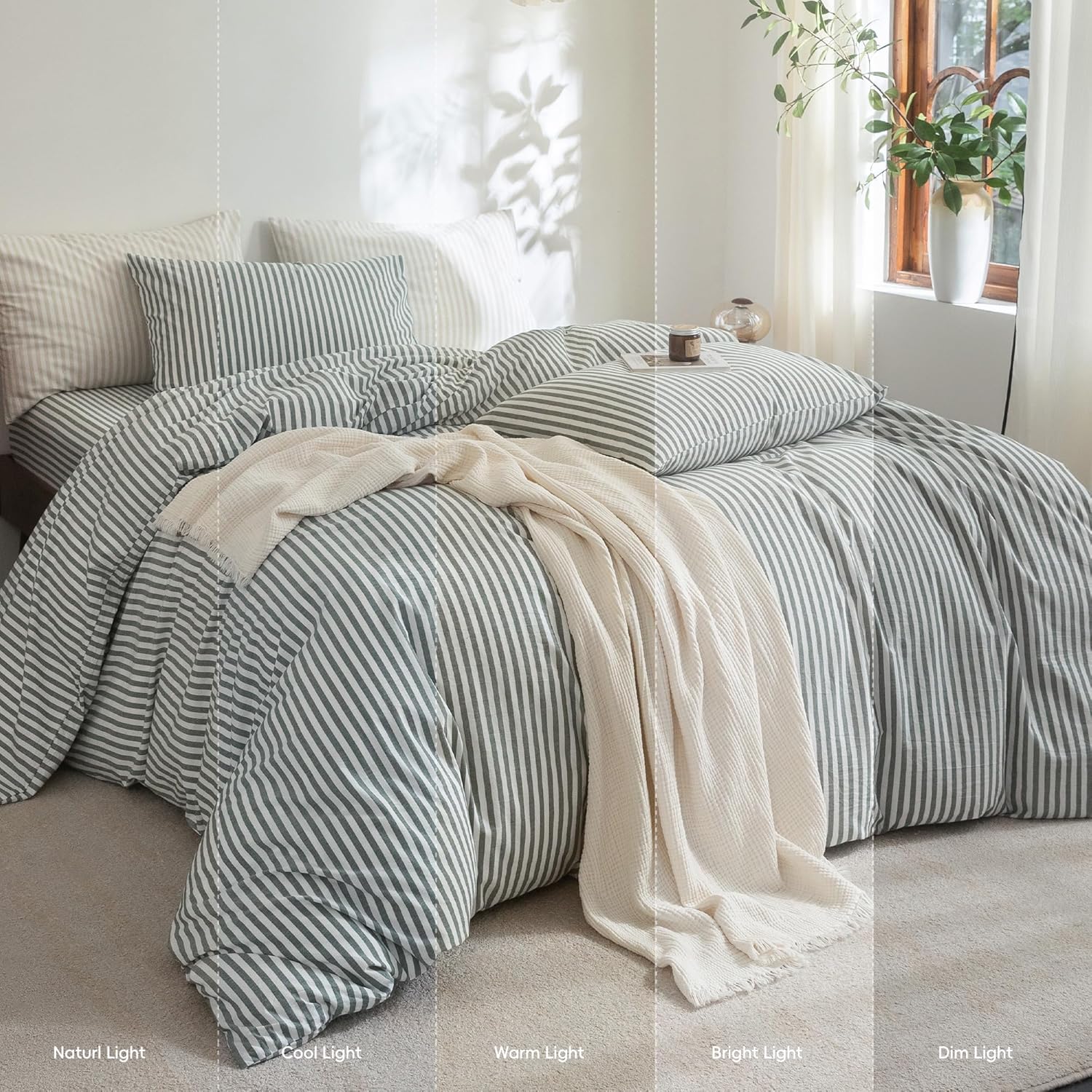FOSSA Striped Duvet Cover Set 100% Washed Cotton Linen Feel Super Soft Breathable Cozy 3 Pieces Bedding Sets Heathered Green Classic Stripes Queen - Image 3