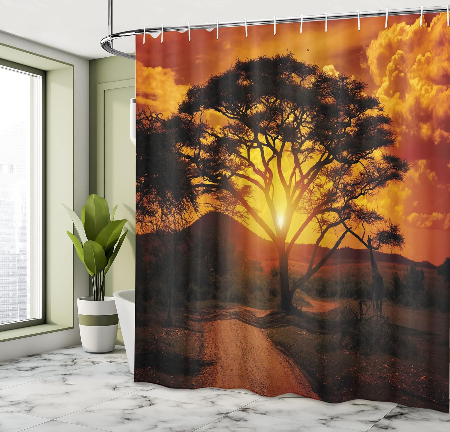 Ambesonne Sunset Shower Curtain, Majestic Tree with Horizon Background Mystic Nature Dramatic Landscape, Cloth Fabric Bathroom Decor Set with Hooks, 69" W x 70" L, Orange Black