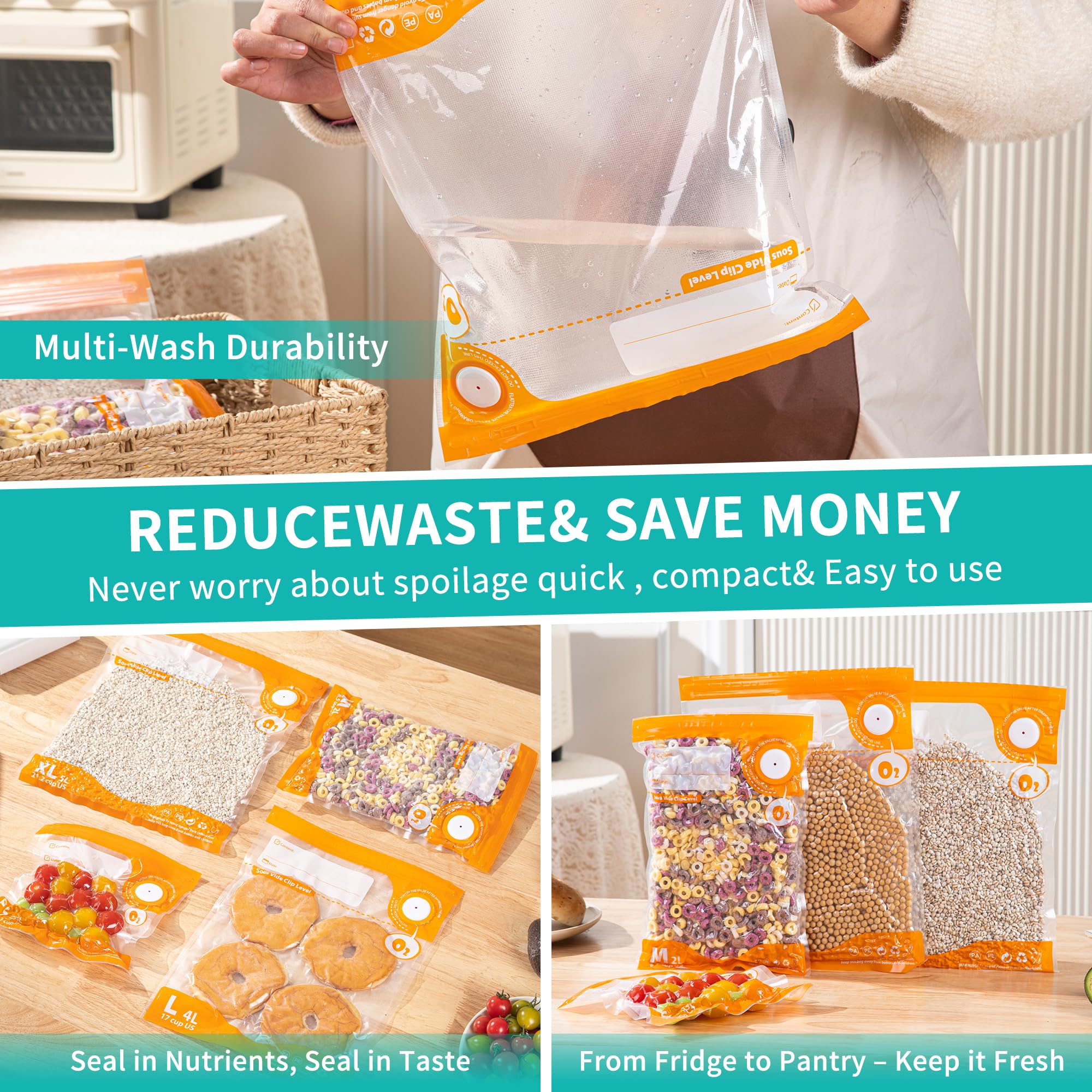 15pcs Vacuum Sealer Kit, Reusable Sous Vide Bags(1pc Manual Pump + 10 Bags + 6 Clips), Airtight Food Storage for Freshness, PA+PE Material, Ideal for Cooking, Meal Prep & Long-Term Freshness