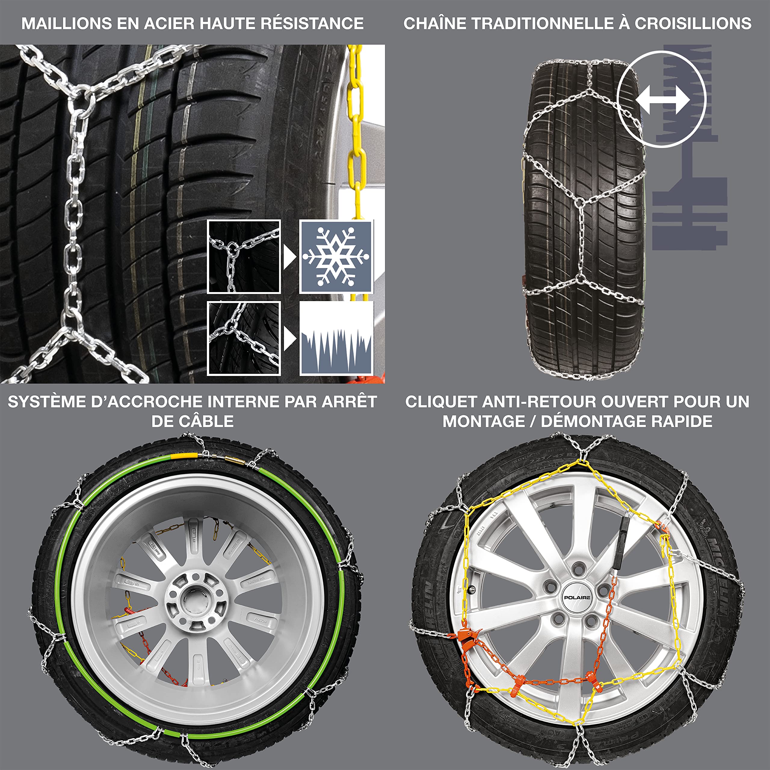 Polaire PRIME 9 - Paire de Chaînes à Neige Traditionnelles à Croisillons Pour Pneu Auto - Tension Manuelle - Fournie avec sa Boîte de Transport et Gants - Garantie 2 Ans