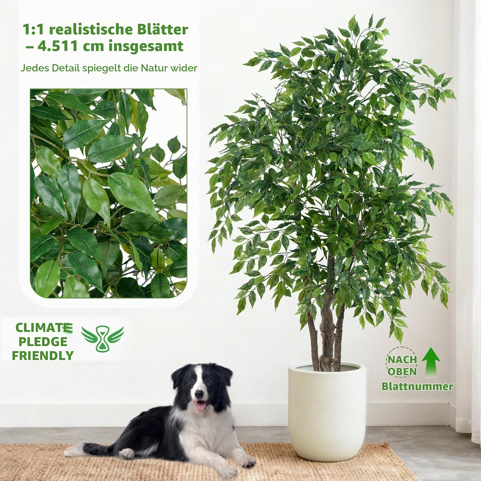 Kunstpflanze Ficus, 1,7m Groß Ficusbaum mit Weißem Topf Fake Zimmerpflanzen Künstliche Pflanzen mit Stamm aus Naturholz, Kunstbaum Deko Plastikpflanzen für Wohnzimmer, Büro | Künstlicher Baum, Heimdekoration, realistisch, für Wohnzimmer, Büro oder Ecke