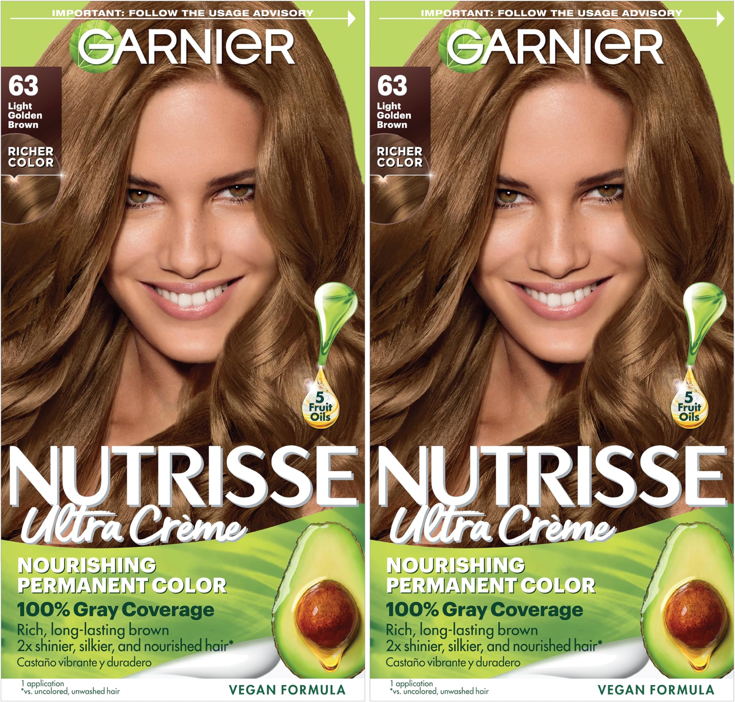 Nutrisse Ultra Crème Hair Color, Permanent Hair Dye with 100% Gray Coverage, Vegan & Cruelty-Free, 63 Light Golden Brown (Brown Sugar), 2 Count