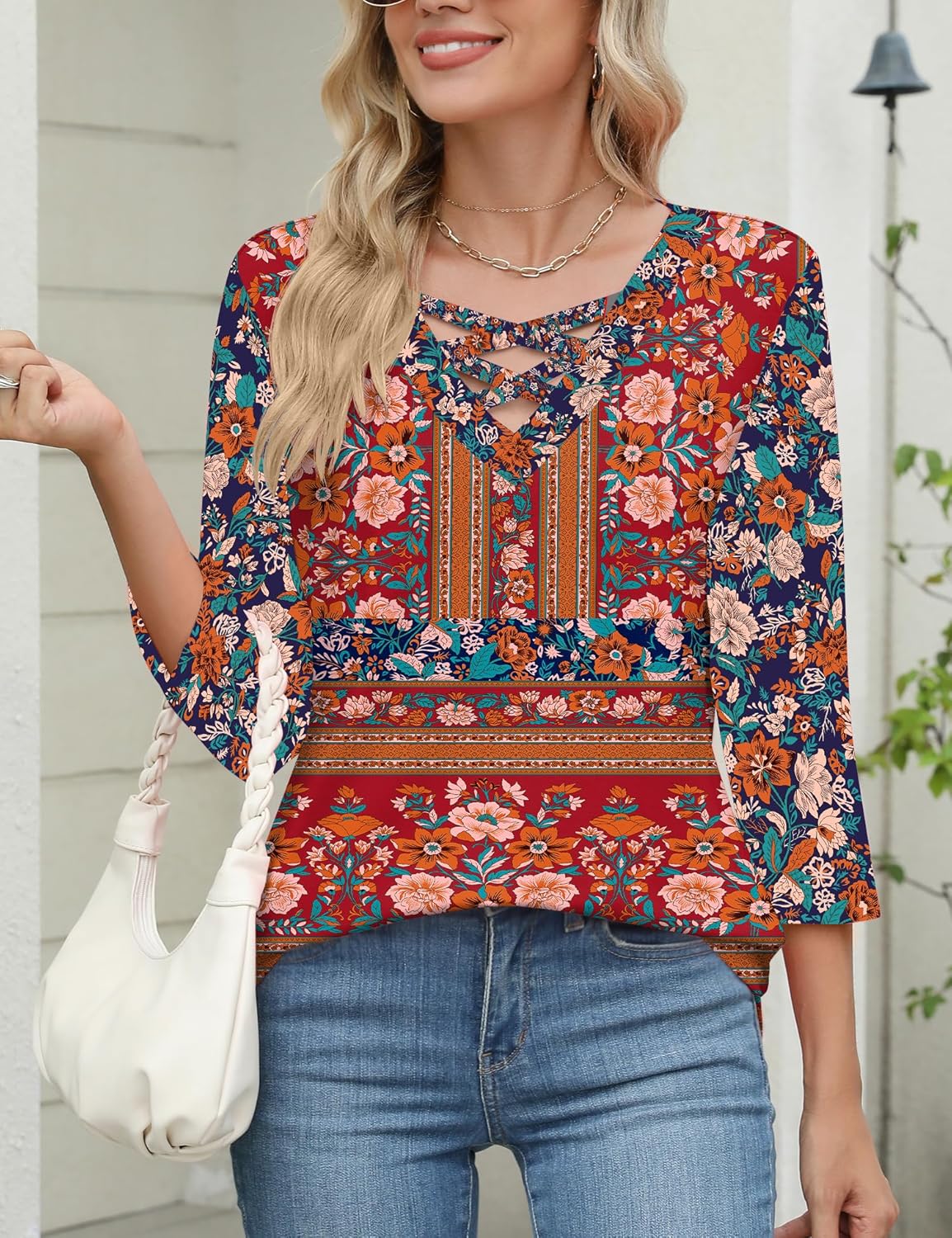 Rapbin Women Blouses Dressy Casual Spring Tops 3/4 Length Sleeve Womens T Shirts V Neck Criss Cross Tees - Image 5