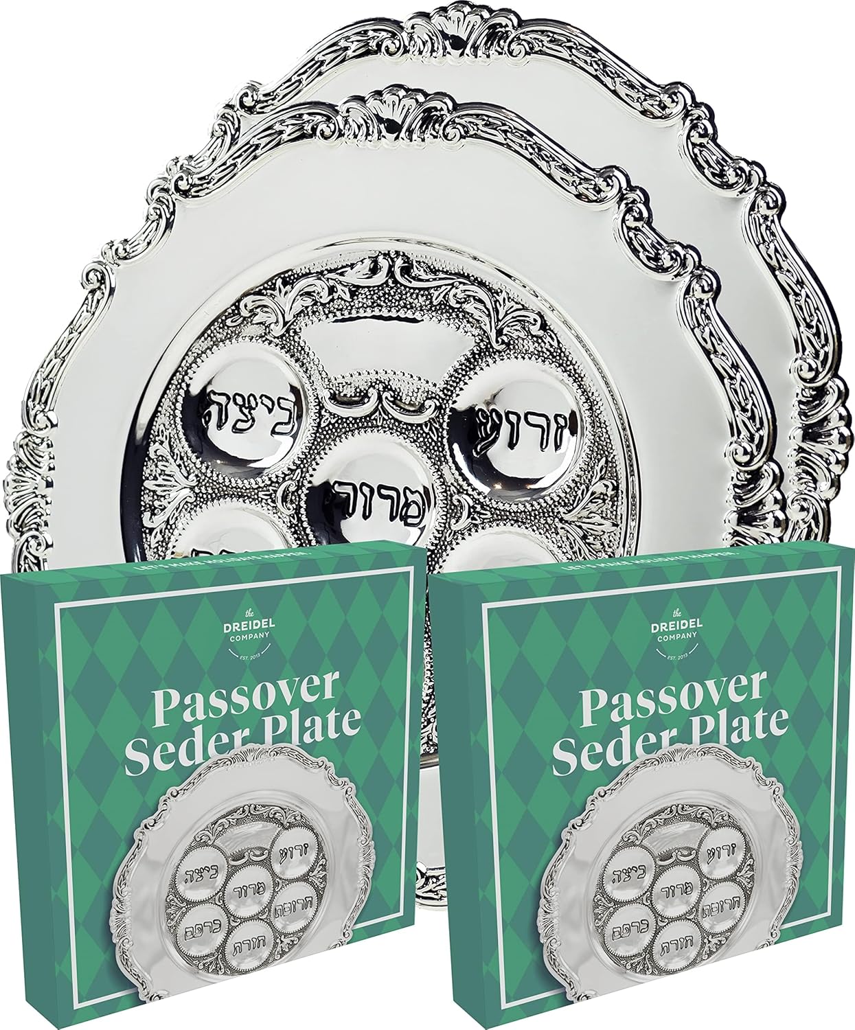The Dreidel Company 3-Pack Classic Traditional Silver Plated Passover Seder Plate 12" Inches, Kaarah For Pesach