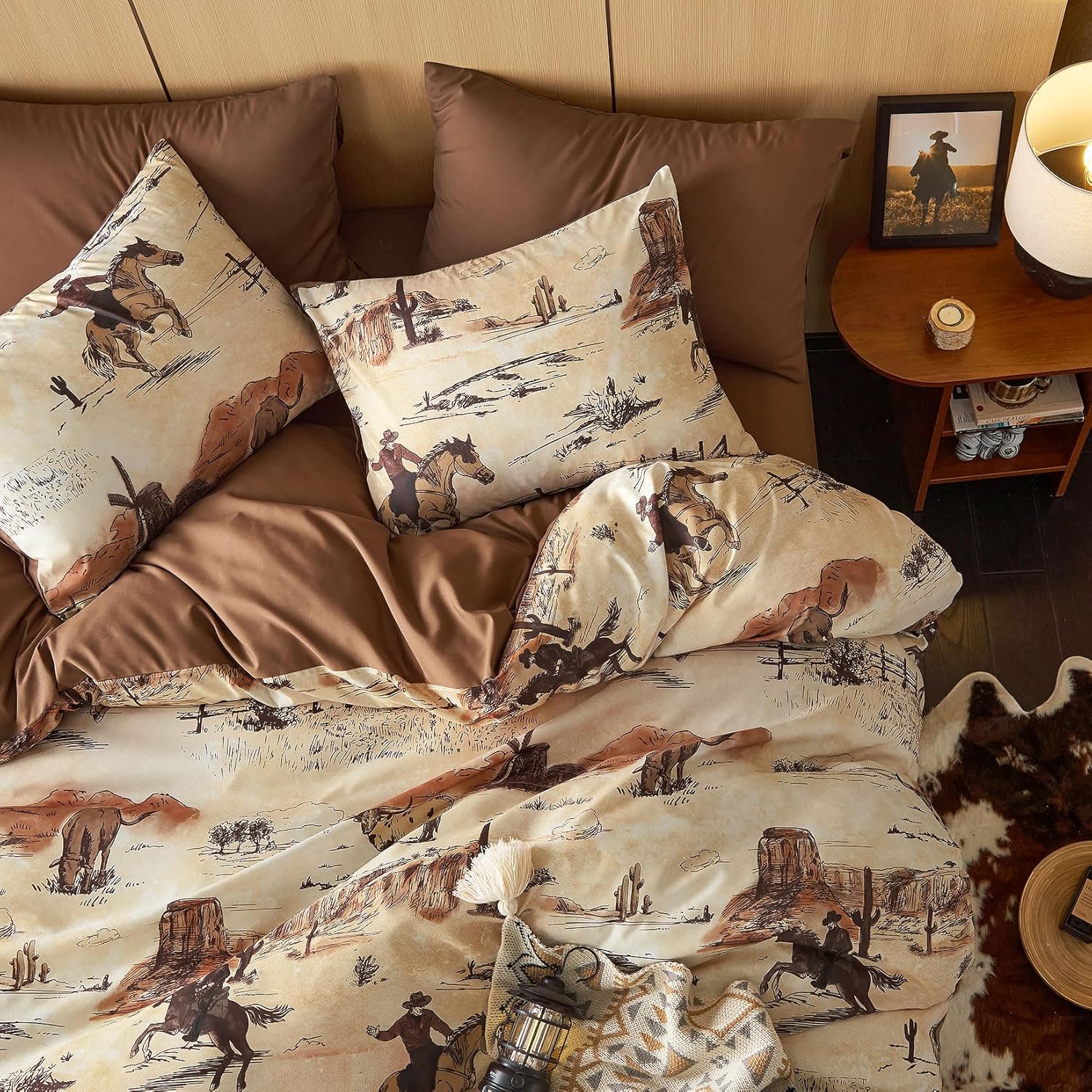 Wake In Cloud - Western Comforter Set, Rustic Ranch Life with Cowboy Southwestern Vintage Country Pattern Printed, Soft Lightweight Bedding, 3 Pieces, Ochre Brown, Queen Size - Image 3