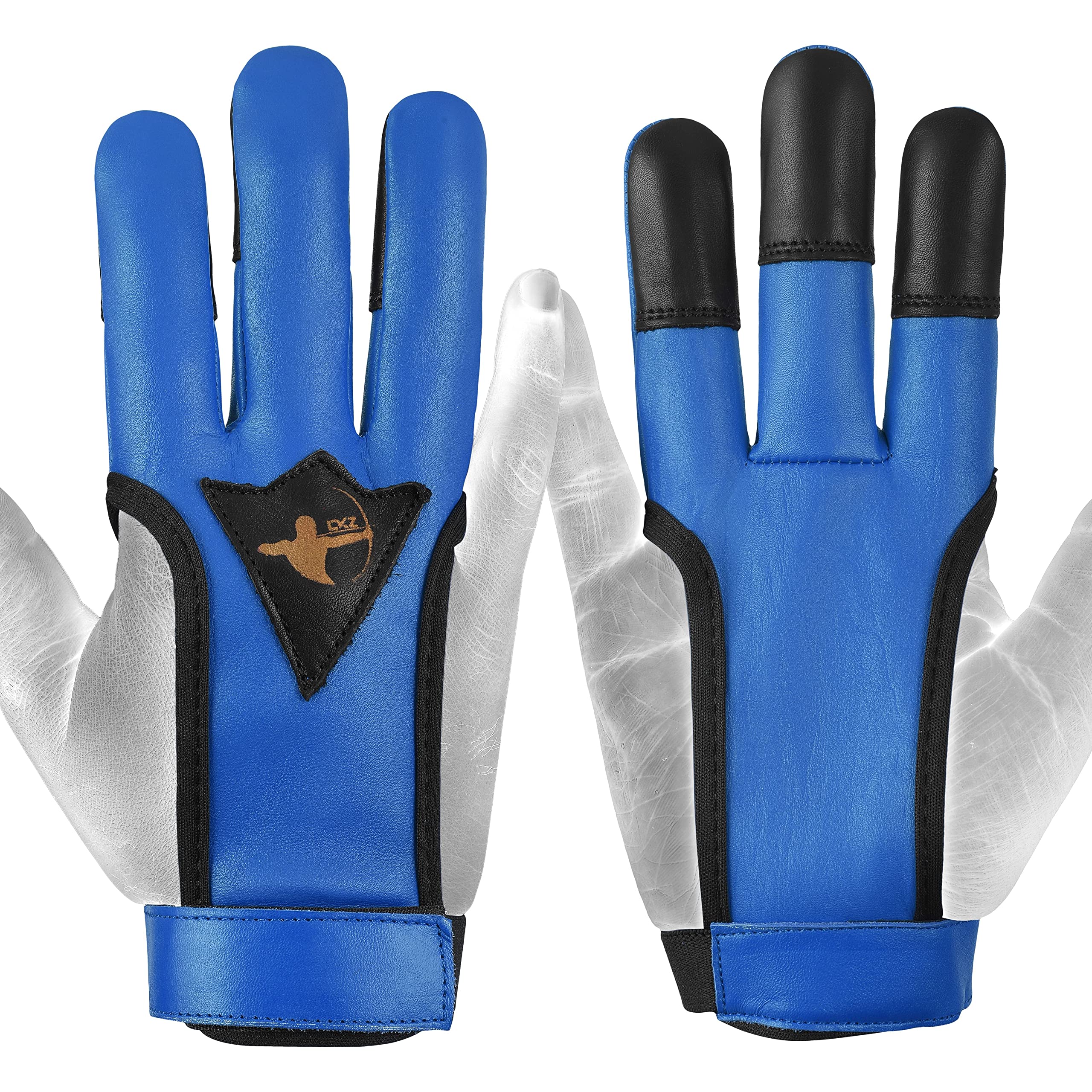 Daskz Archery Gloves Three Fingers Shooting Right hand Bow Gloves- Professional Leather hunting Gloves for Adults (Blue, M, Right)